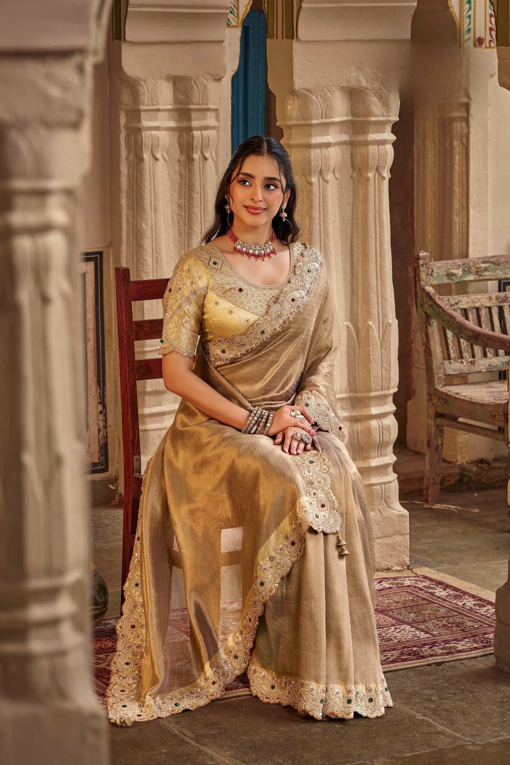 Fancy Based Pure Party Wear Golden With Stitched Blouse Saree