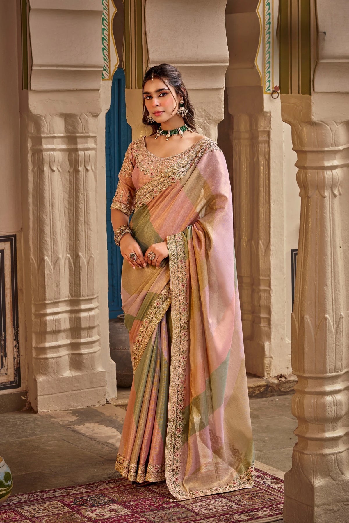 Fancy Based Pure Party Wear Pink With Stitched Blouse Saree