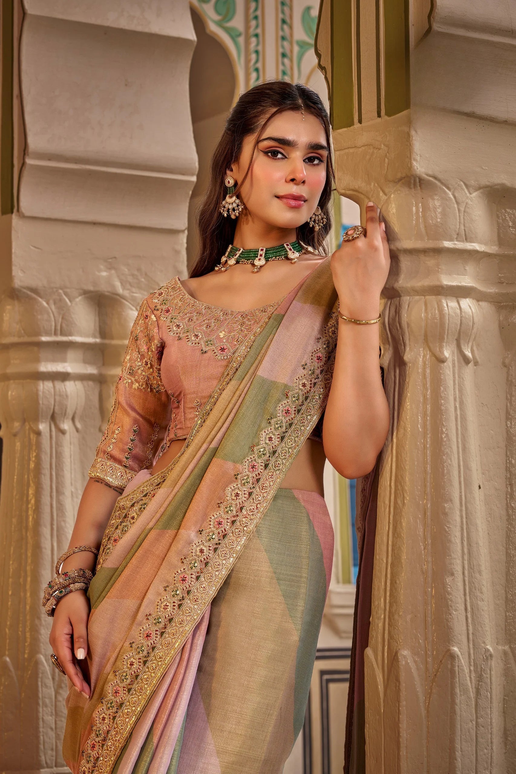 Fancy Based Pure Party Wear Pink With Stitched Blouse Saree