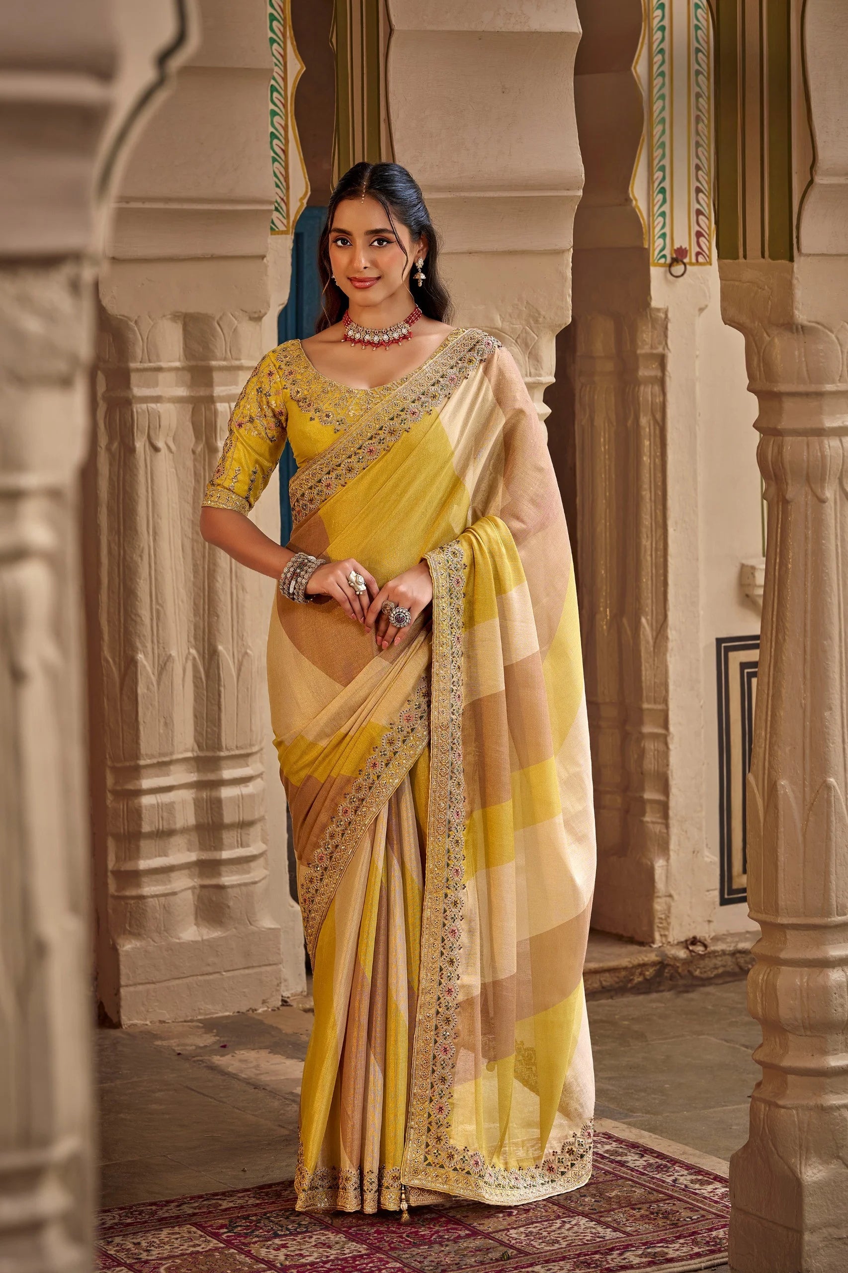 Fancy Based Pure Party Wear Yellow With Stitched Blouse Saree