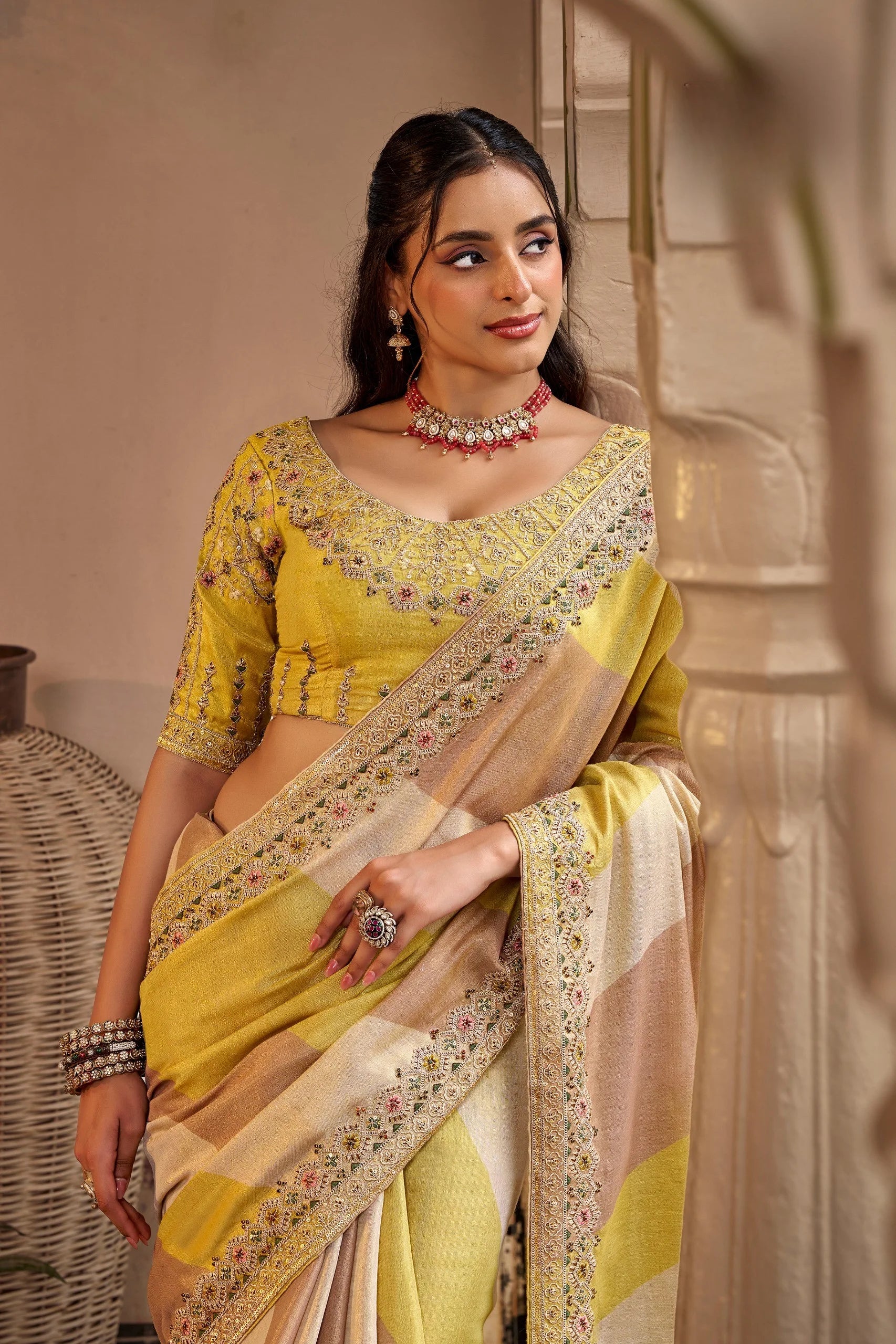 Fancy Based Pure Party Wear Yellow With Stitched Blouse Saree
