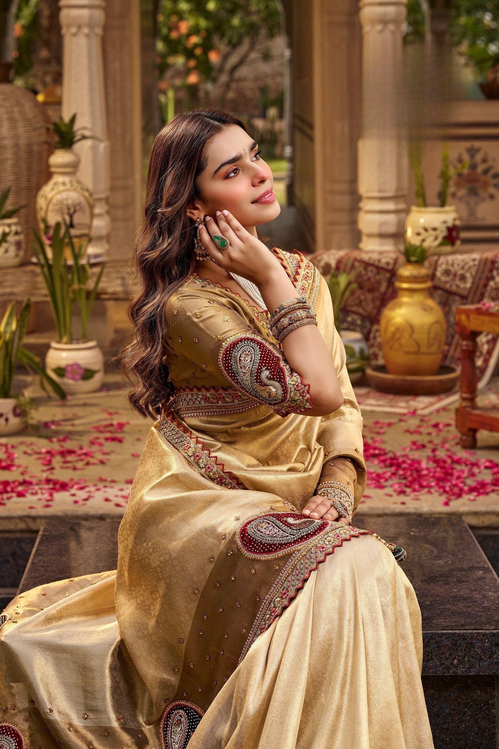 Fancy Based Pure Party Wear Golden Saree With Readymade Blouse