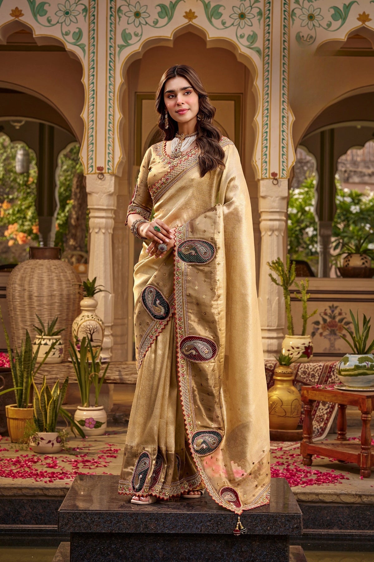 Fancy Based Pure Party Wear Golden Saree With Readymade Blouse
