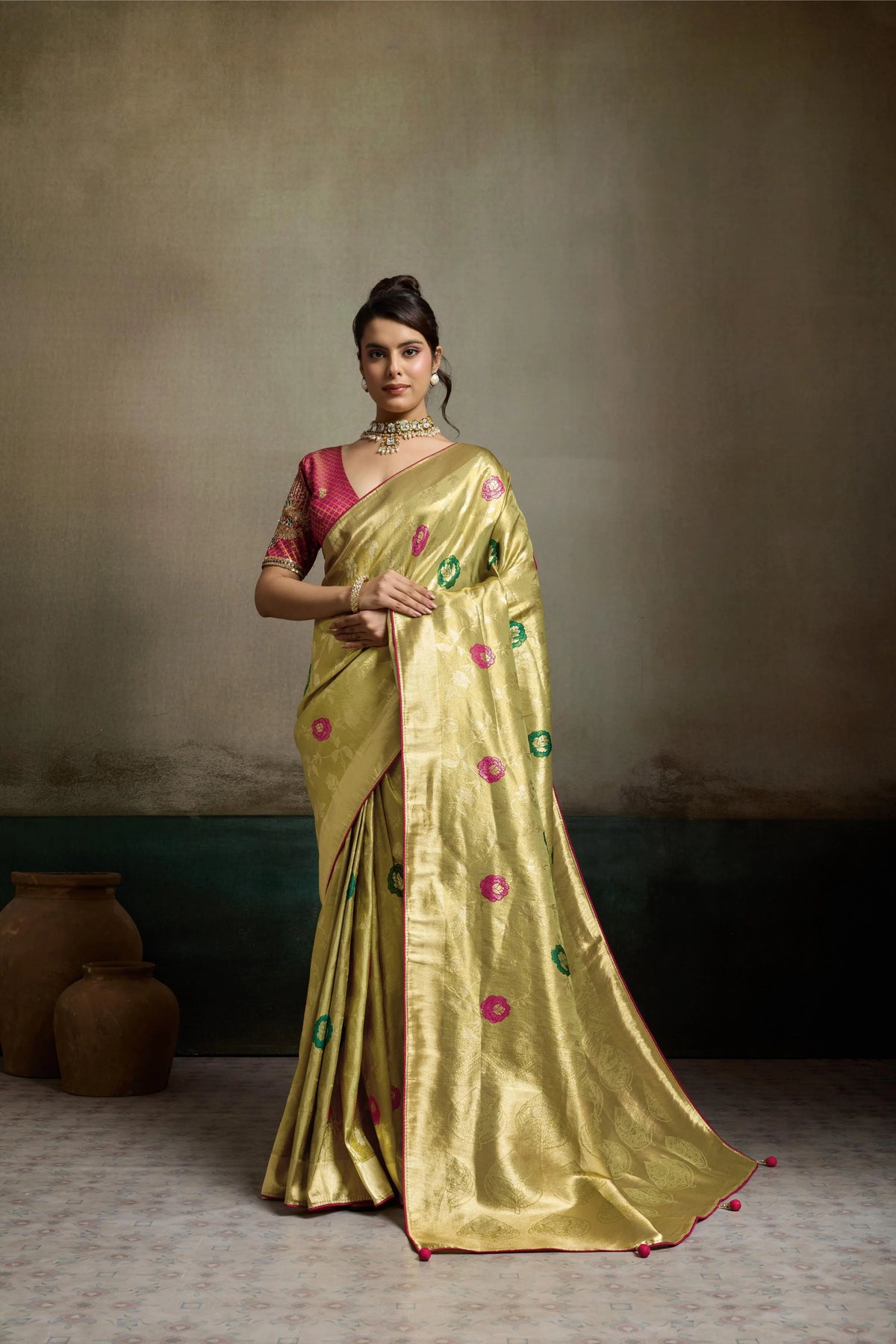 Tissue Banarasi Silk Yellow Party Wear Meenakari Work Sarees
