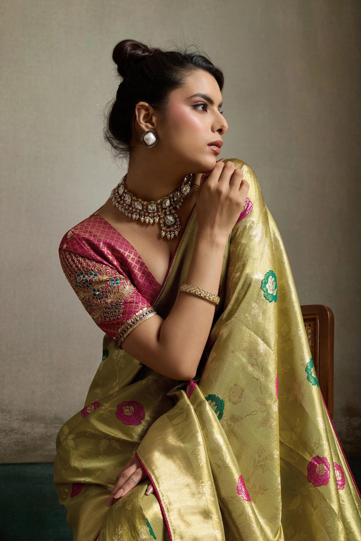 Tissue Banarasi Silk Yellow Party Wear Meenakari Work Sarees