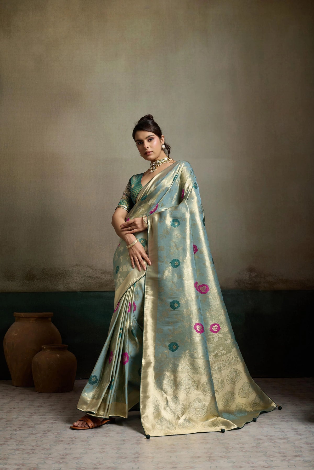 Tissue Banarasi Silk Blue Party Wear Meenakari Work Sarees