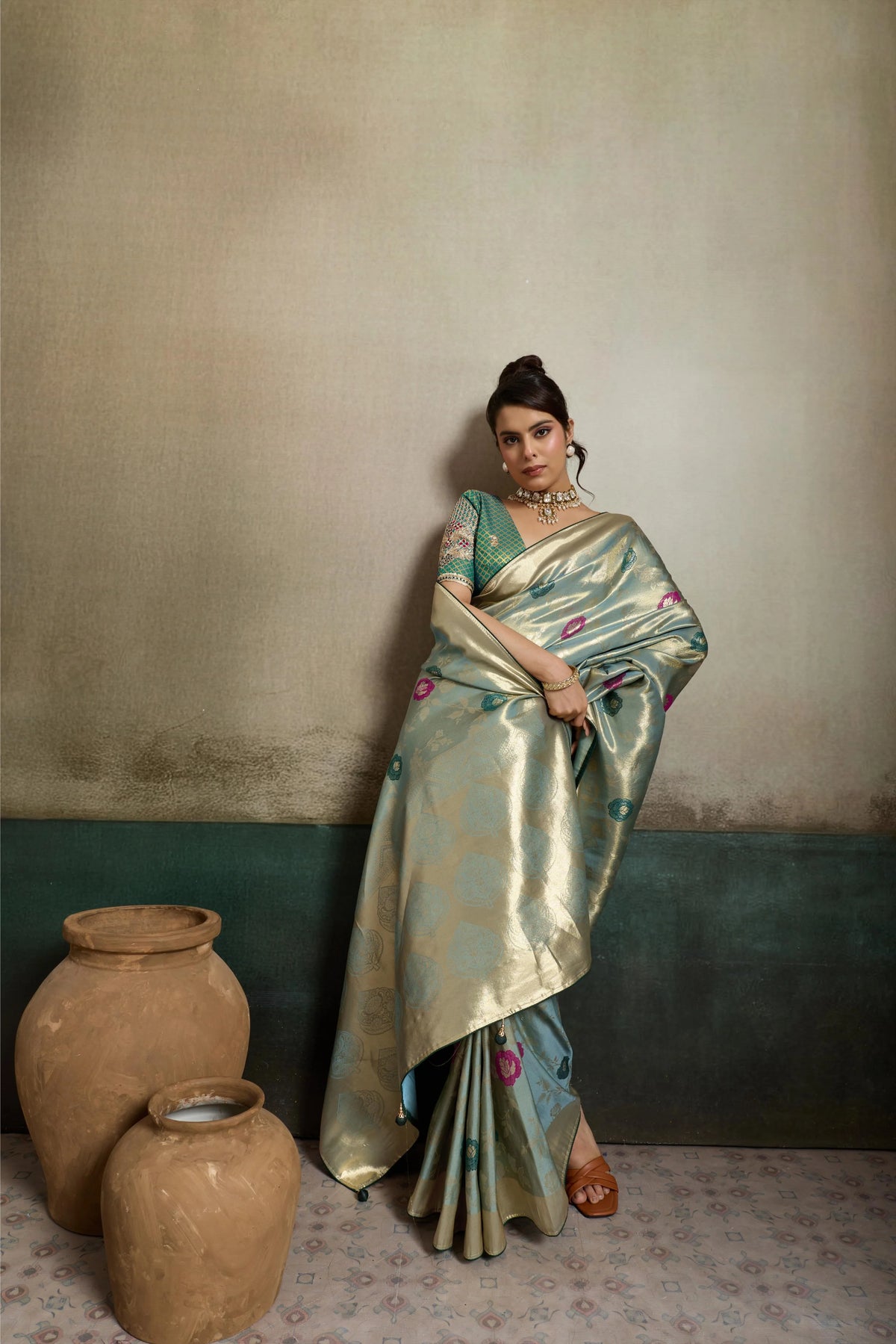 Tissue Banarasi Silk Blue Party Wear Meenakari Work Sarees