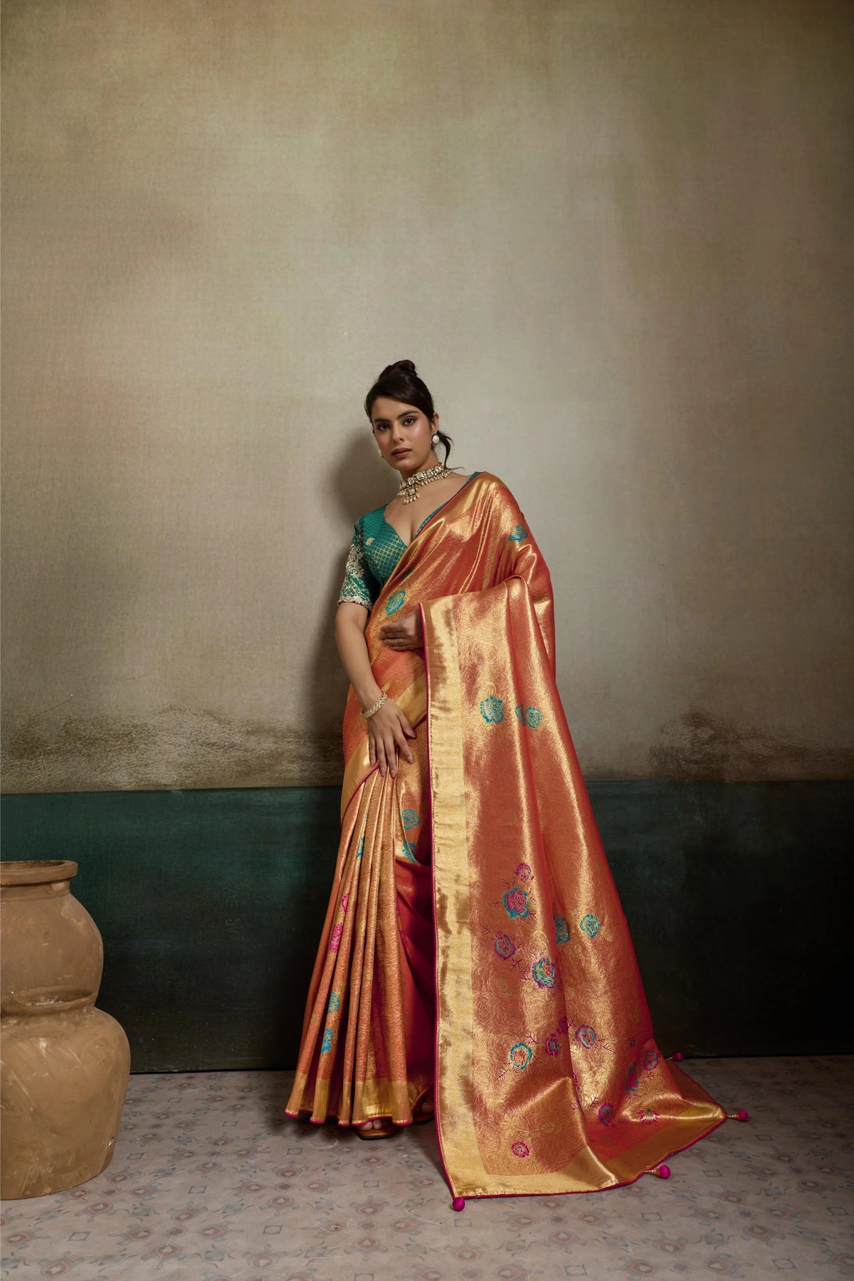 Tissue Banarasi Silk Orange Party Wear Meenakari Work Sarees