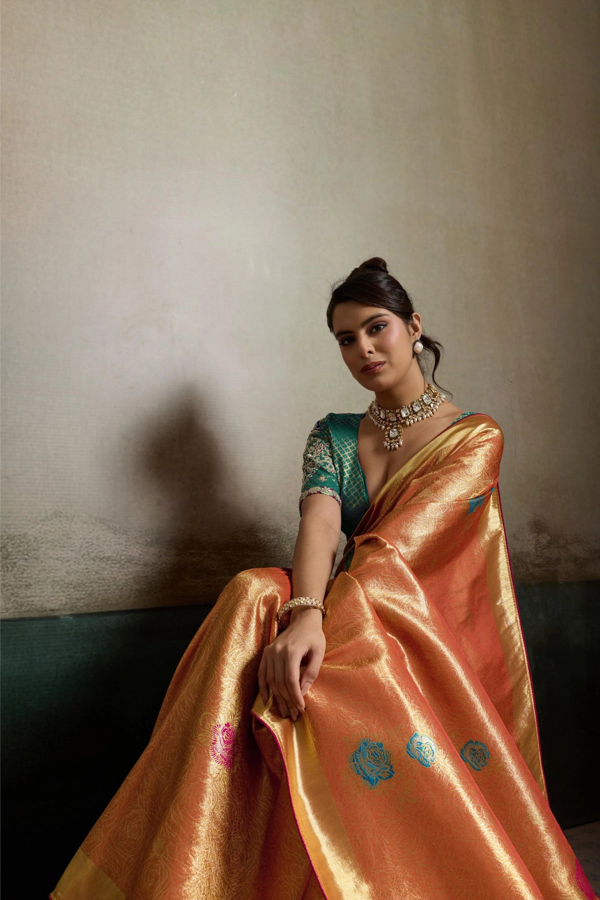 Tissue Banarasi Silk Orange Party Wear Meenakari Work Sarees