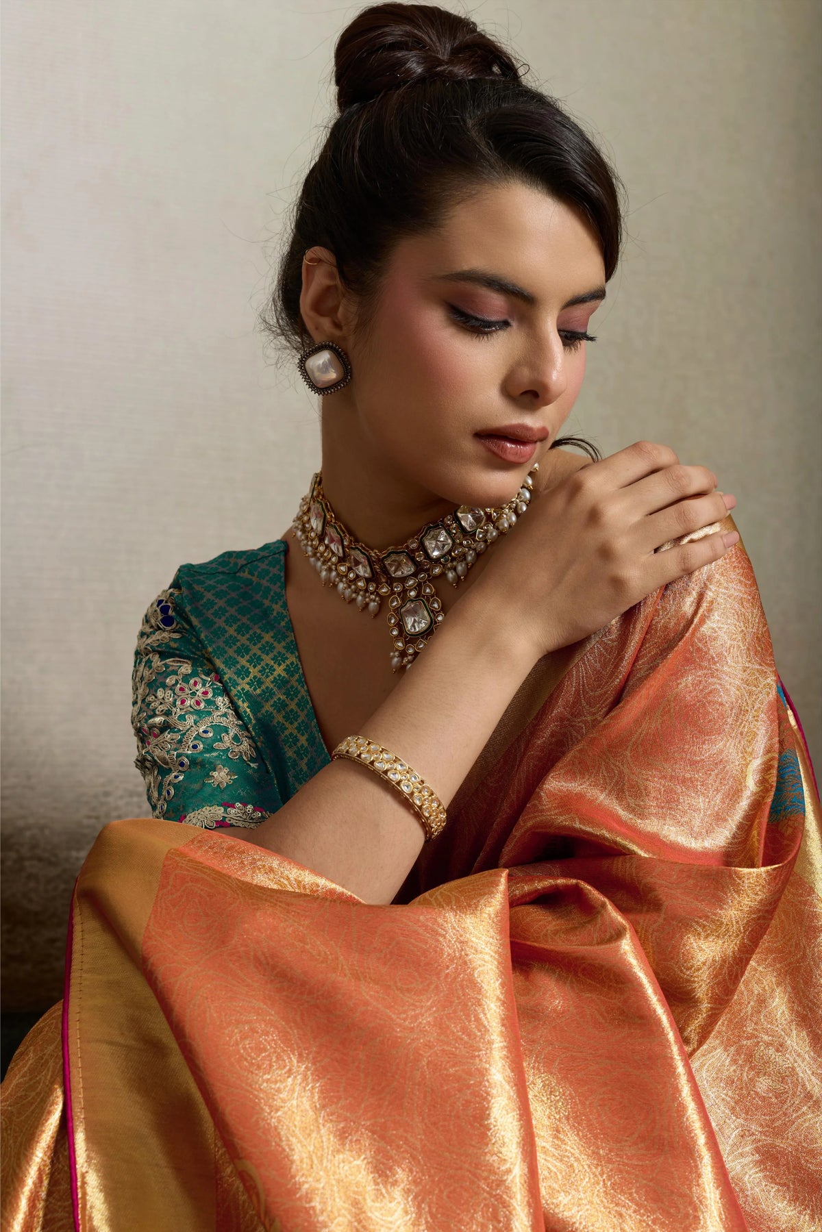 Tissue Banarasi Silk Orange Party Wear Meenakari Work Sarees