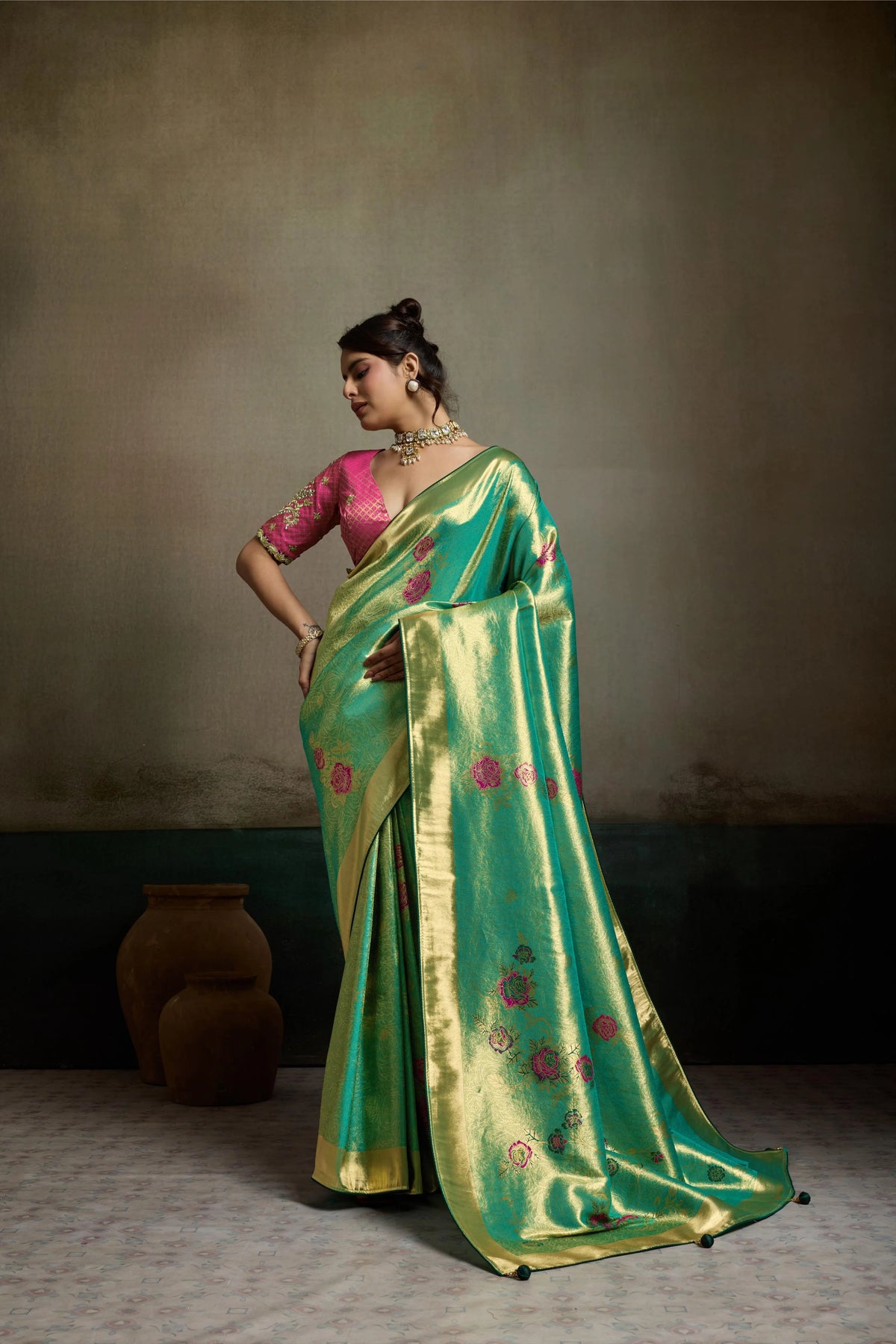 Tissue Banarasi Silk Green Party Wear Meenakari Work Sarees
