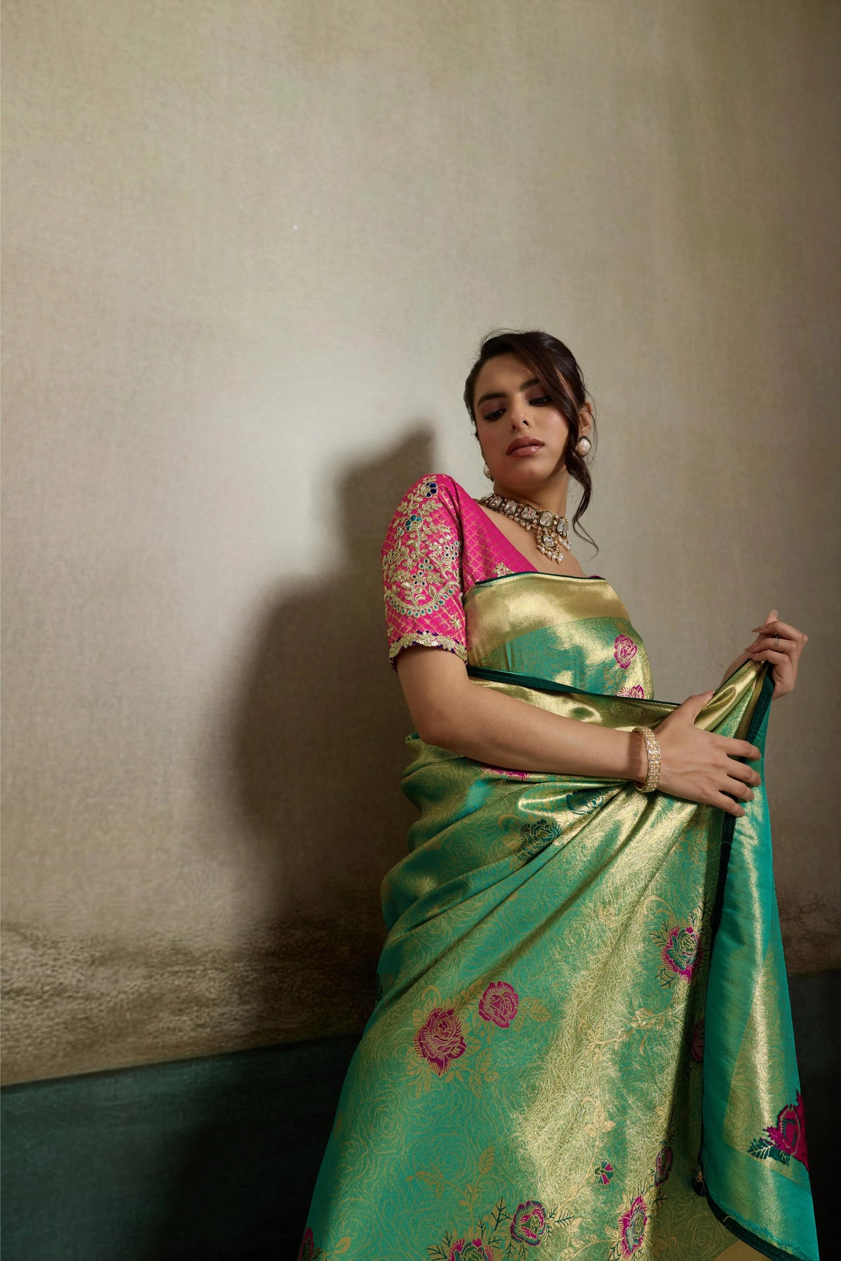 Tissue Banarasi Silk Green Party Wear Meenakari Work Sarees
