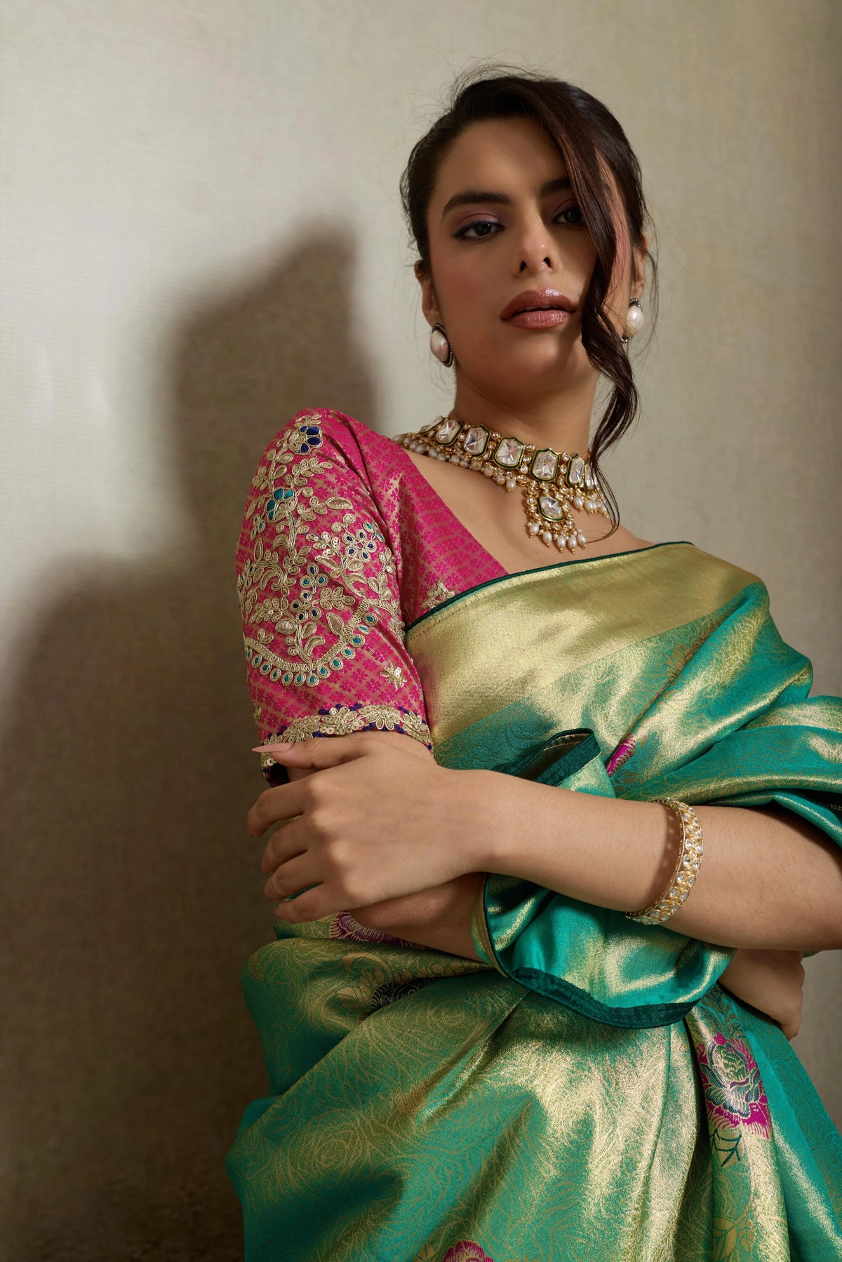 Tissue Banarasi Silk Green Party Wear Meenakari Work Sarees