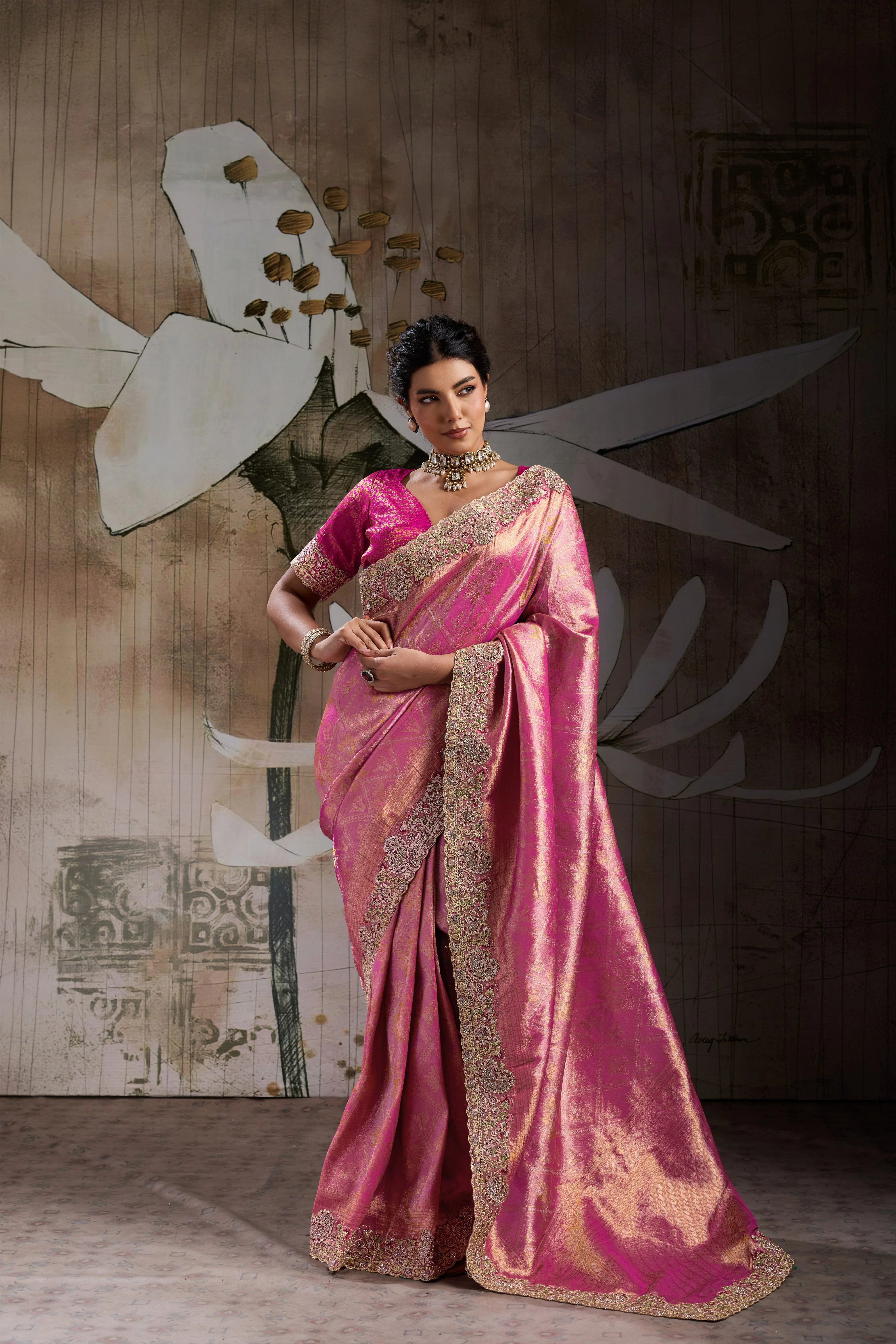 Banarasi Jacquard Silk Pink Festival Wear Saree