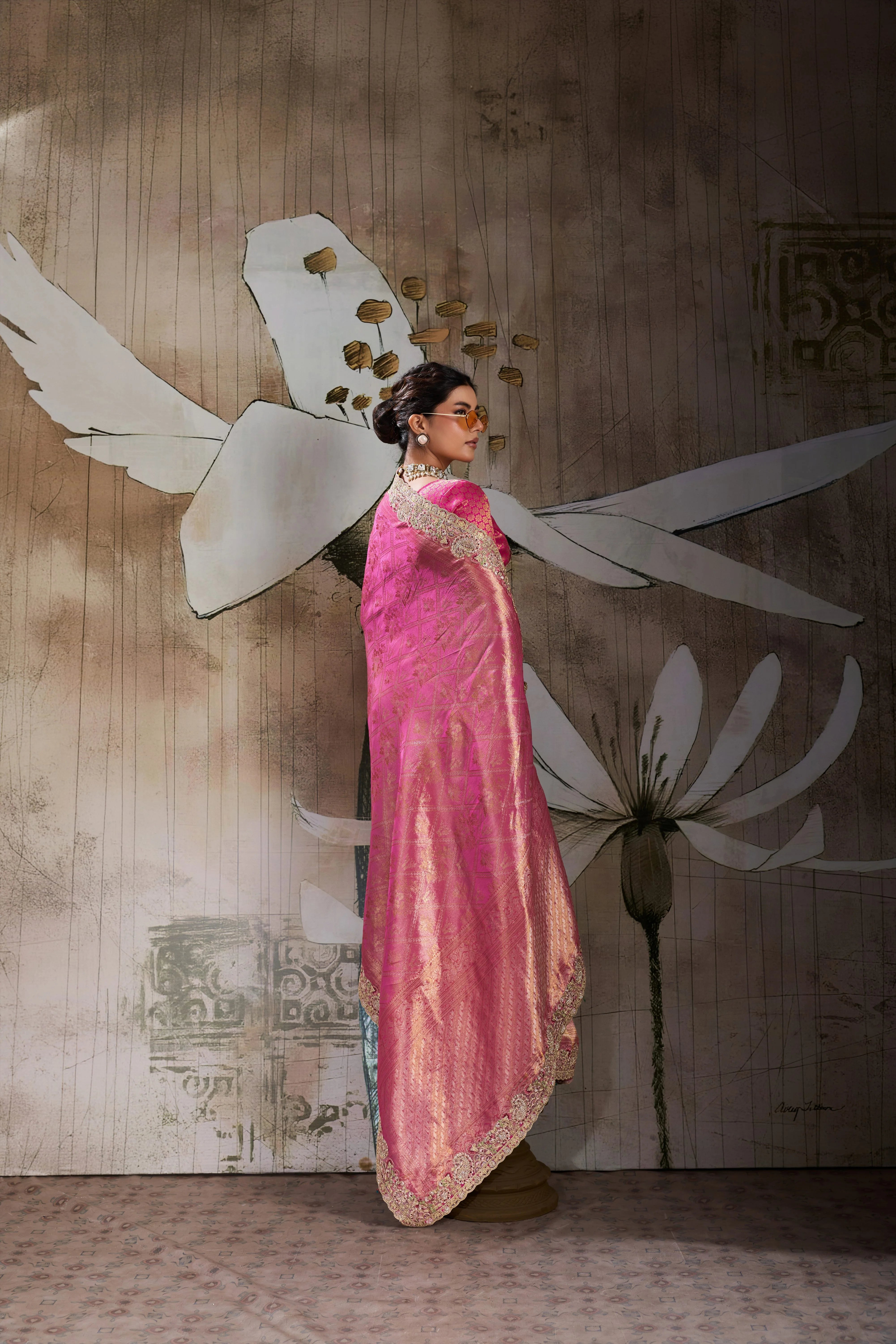 Banarasi Jacquard Silk Pink Festival Wear Saree