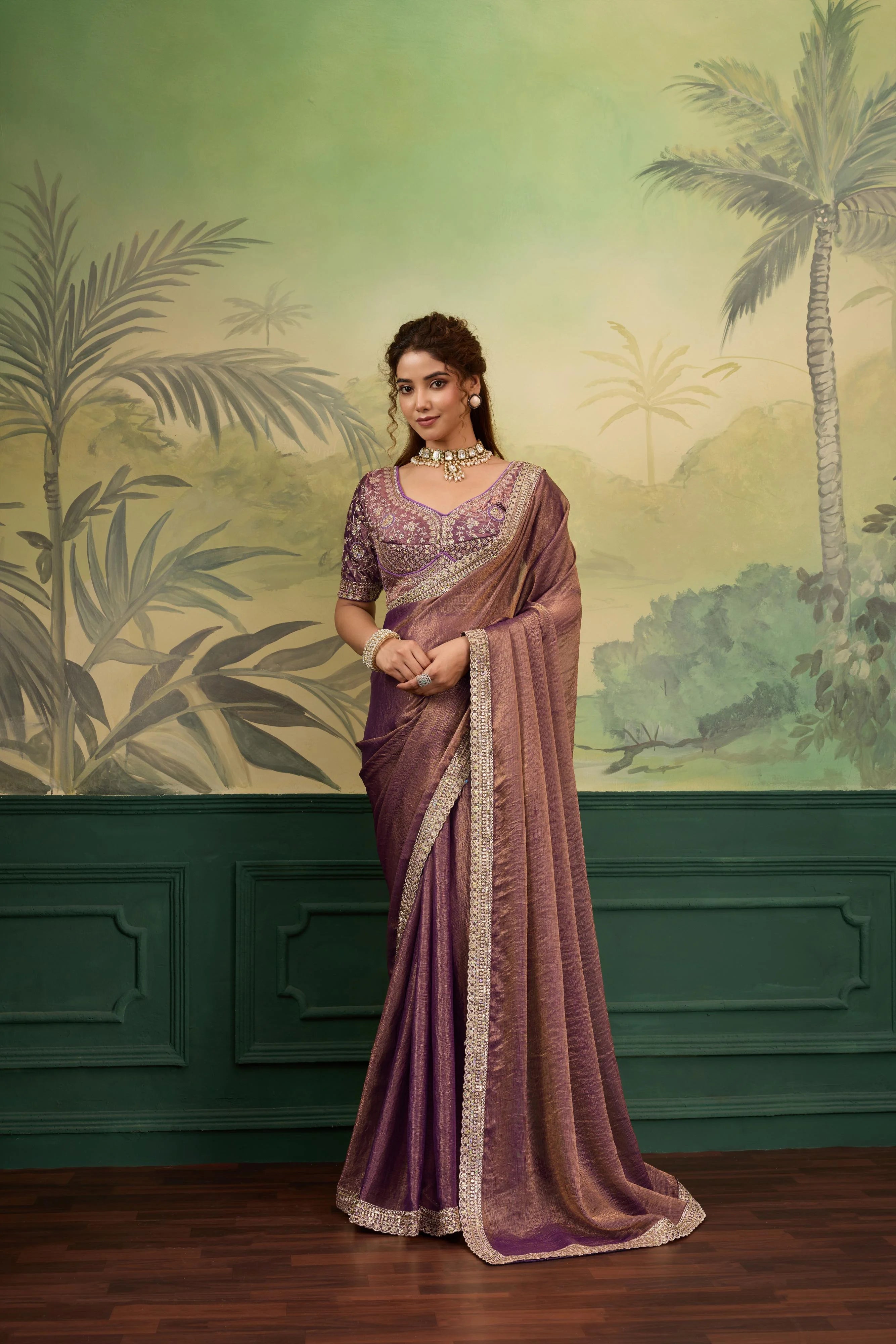 Velvet Chiffon Festival Wear Brown With Embroidery Saree