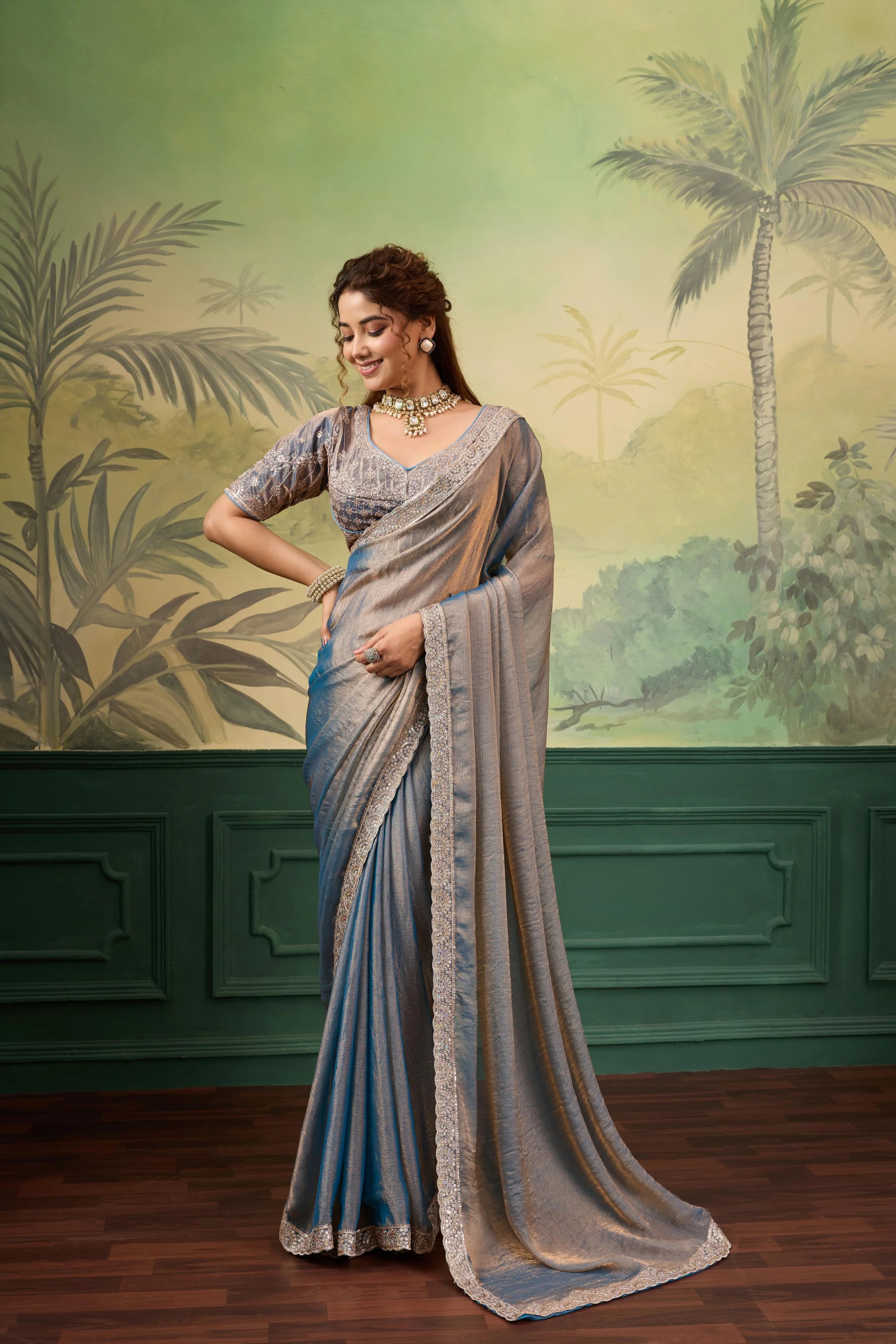 Velvet Chiffon Festival Wear Sky Blue With Embroidery Saree