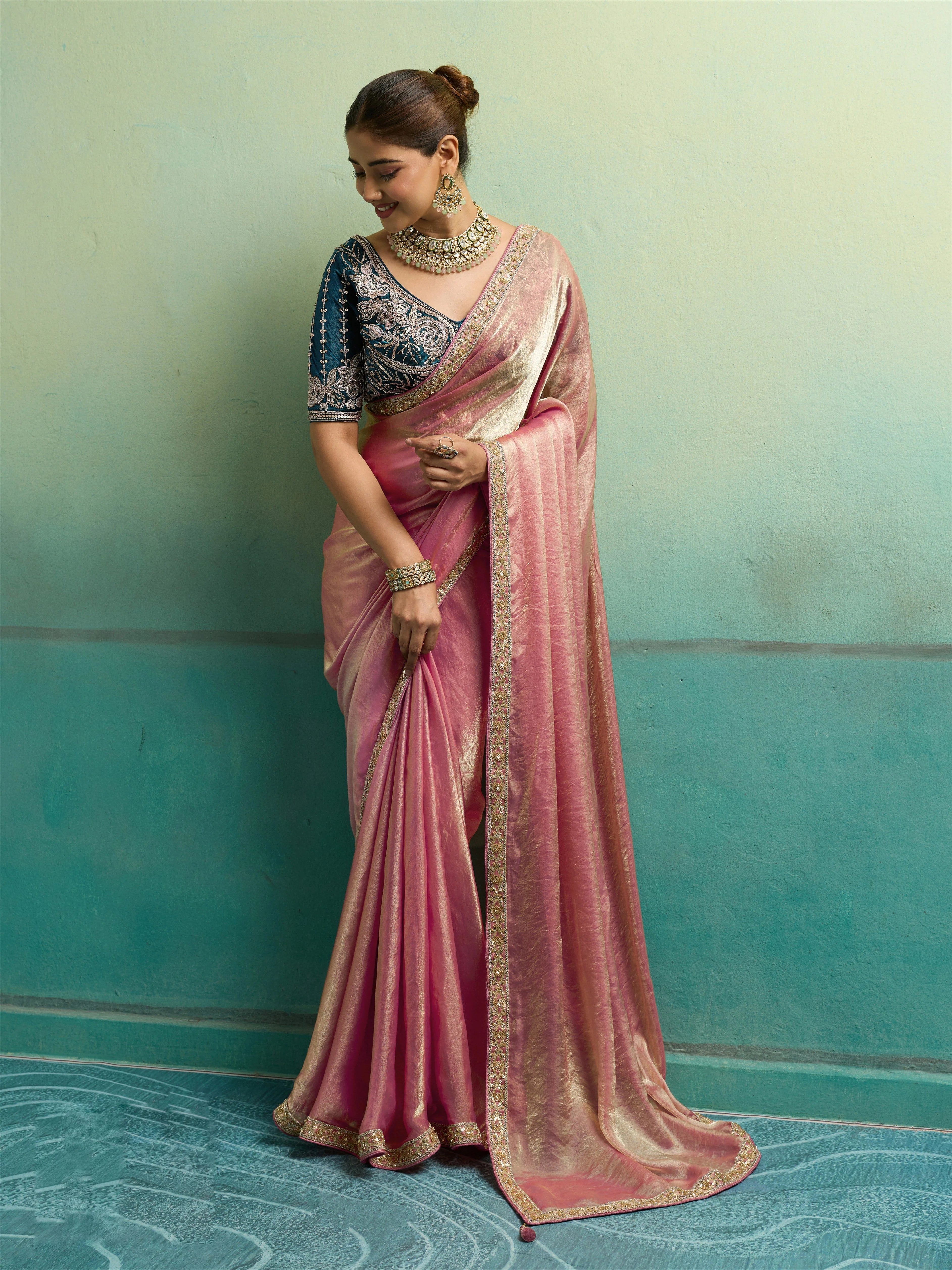 Velvet Satin Party Wear Peach With Lace Work