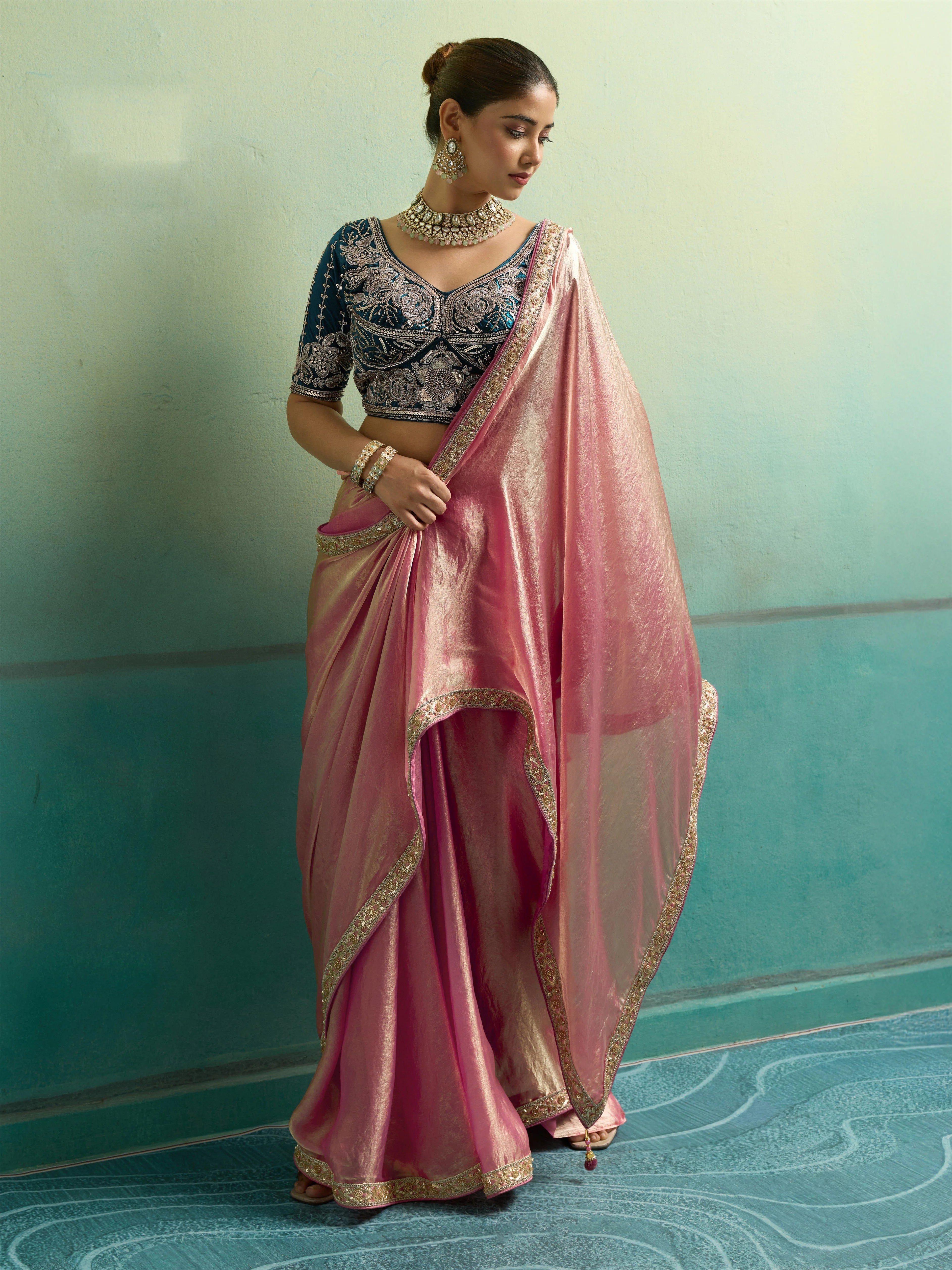 Velvet Satin Party Wear Peach With Lace Work