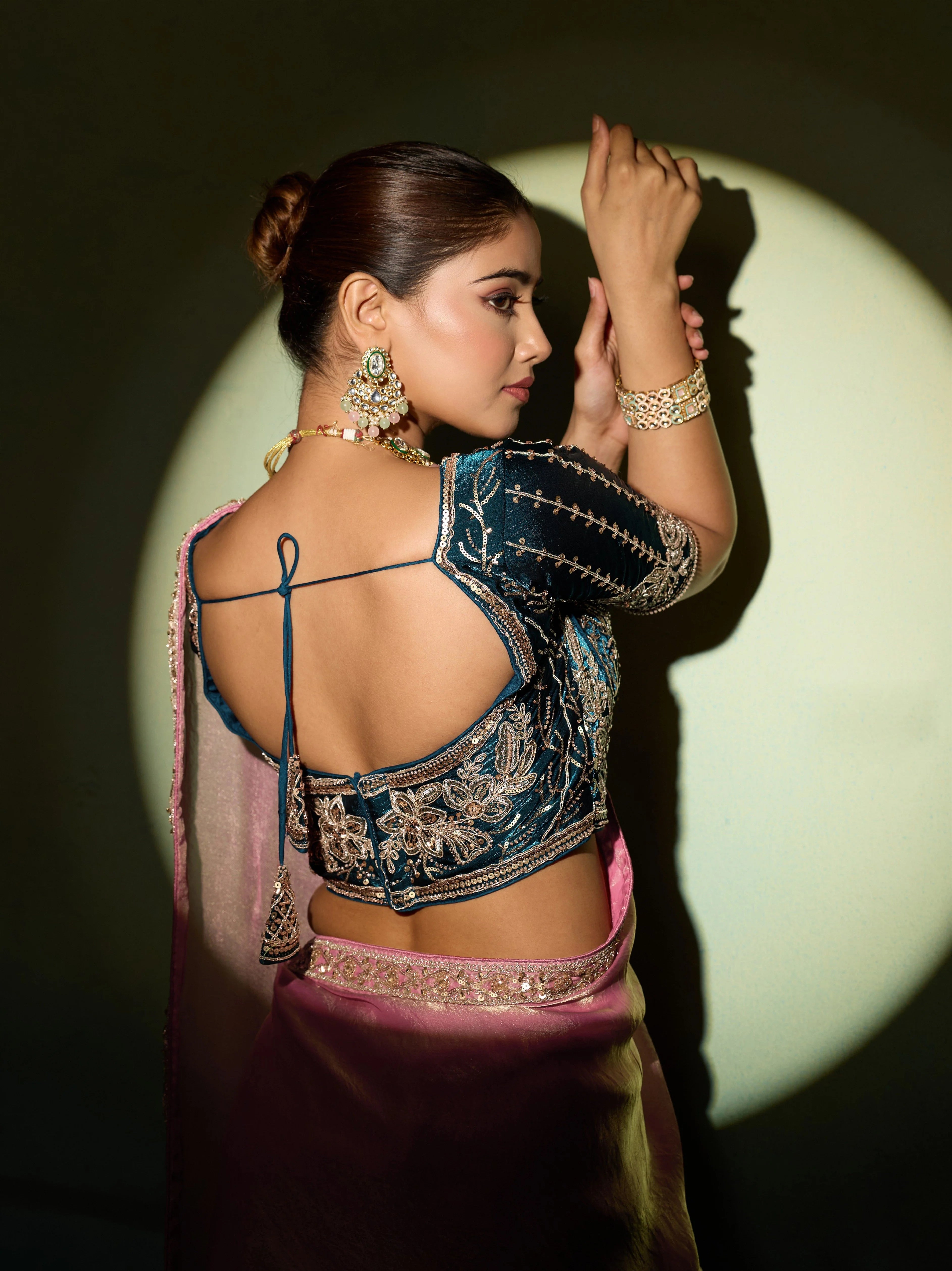 Velvet Satin Party Wear Peach With Lace Work