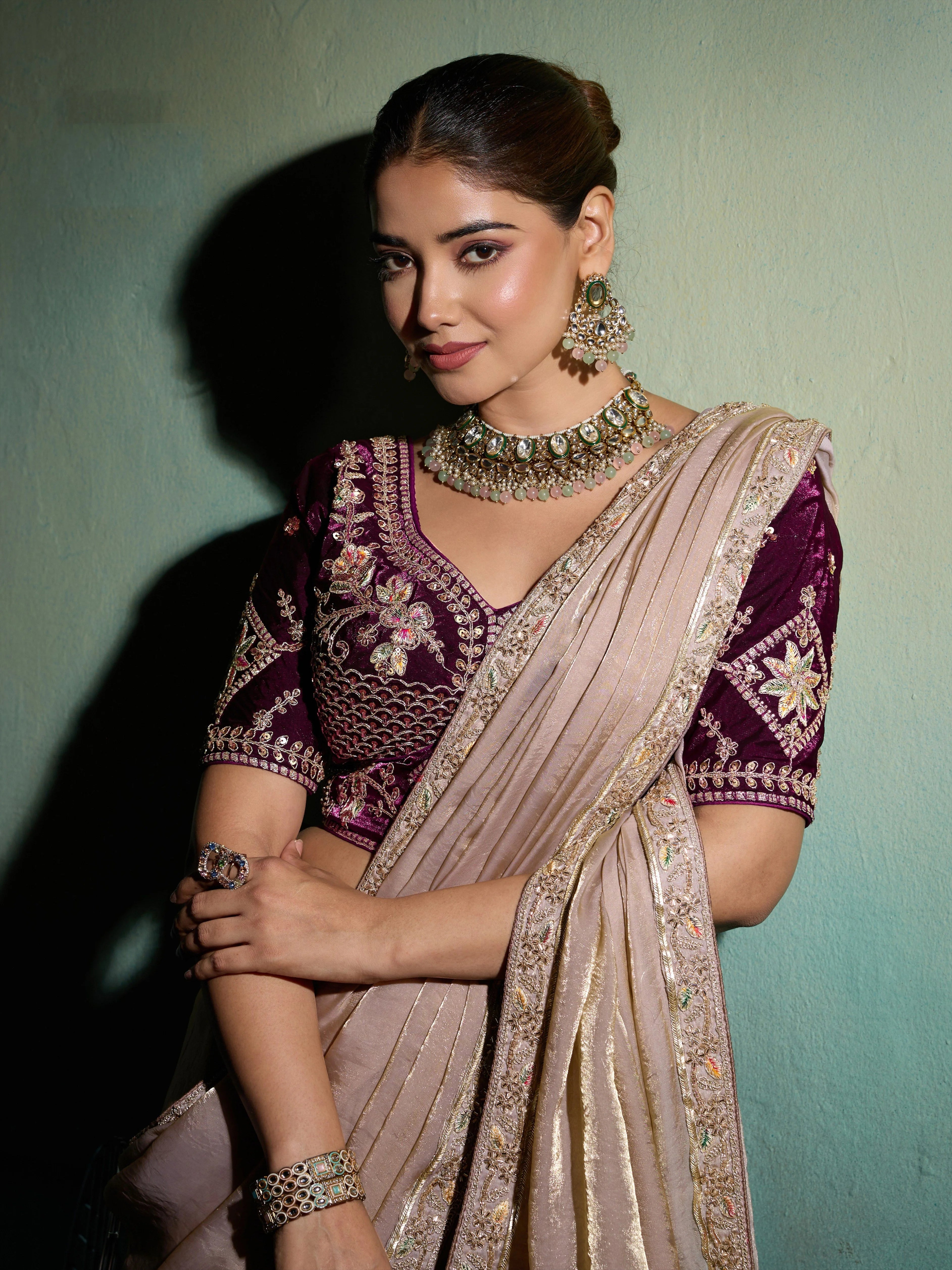 Velvet Satin Party Wear Beige With Lace Work