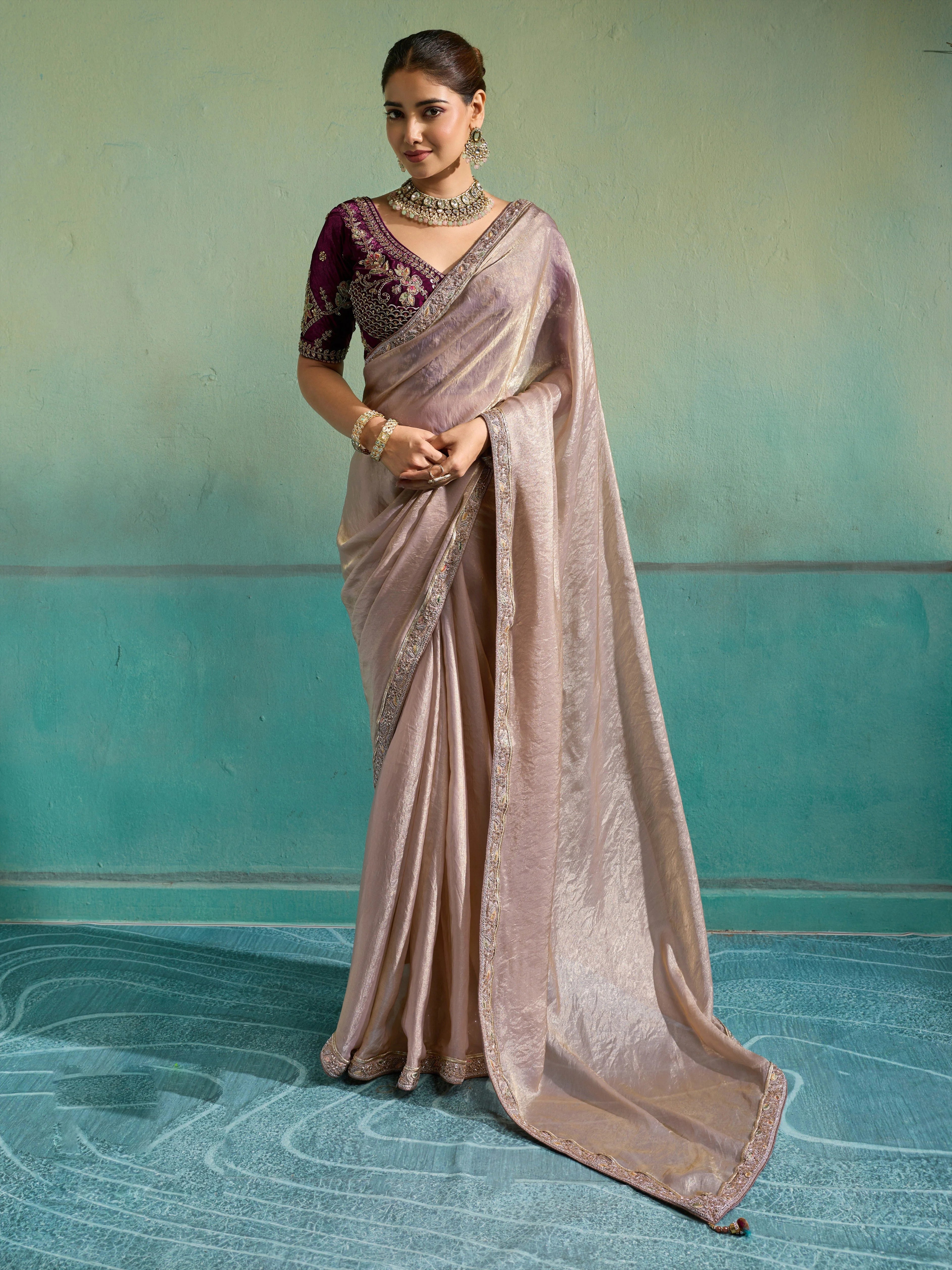 Velvet Satin Party Wear Beige With Lace Work