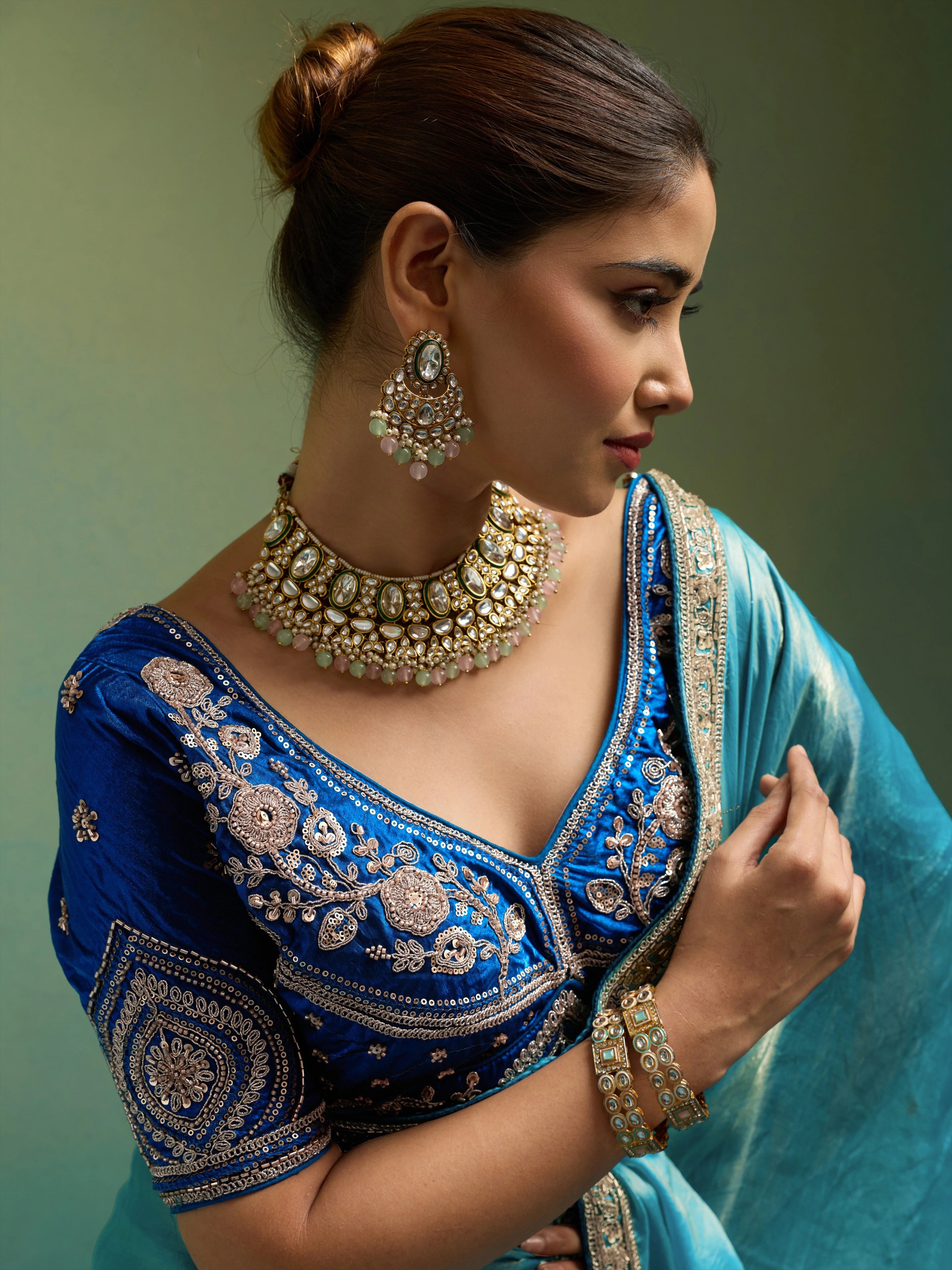 Velvet Satin Party Wear Blue With Lace Work