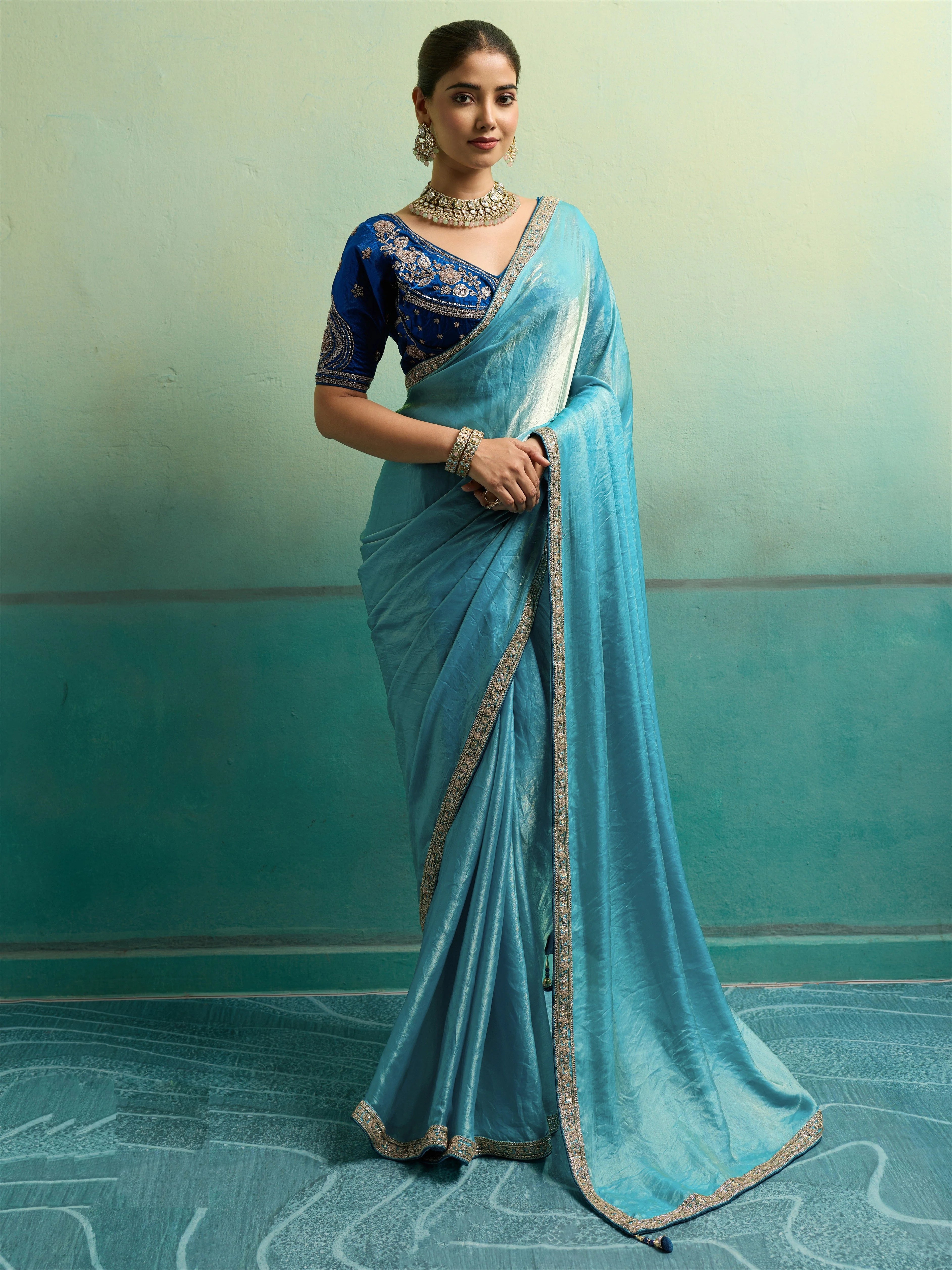 Velvet Satin Party Wear Blue With Lace Work