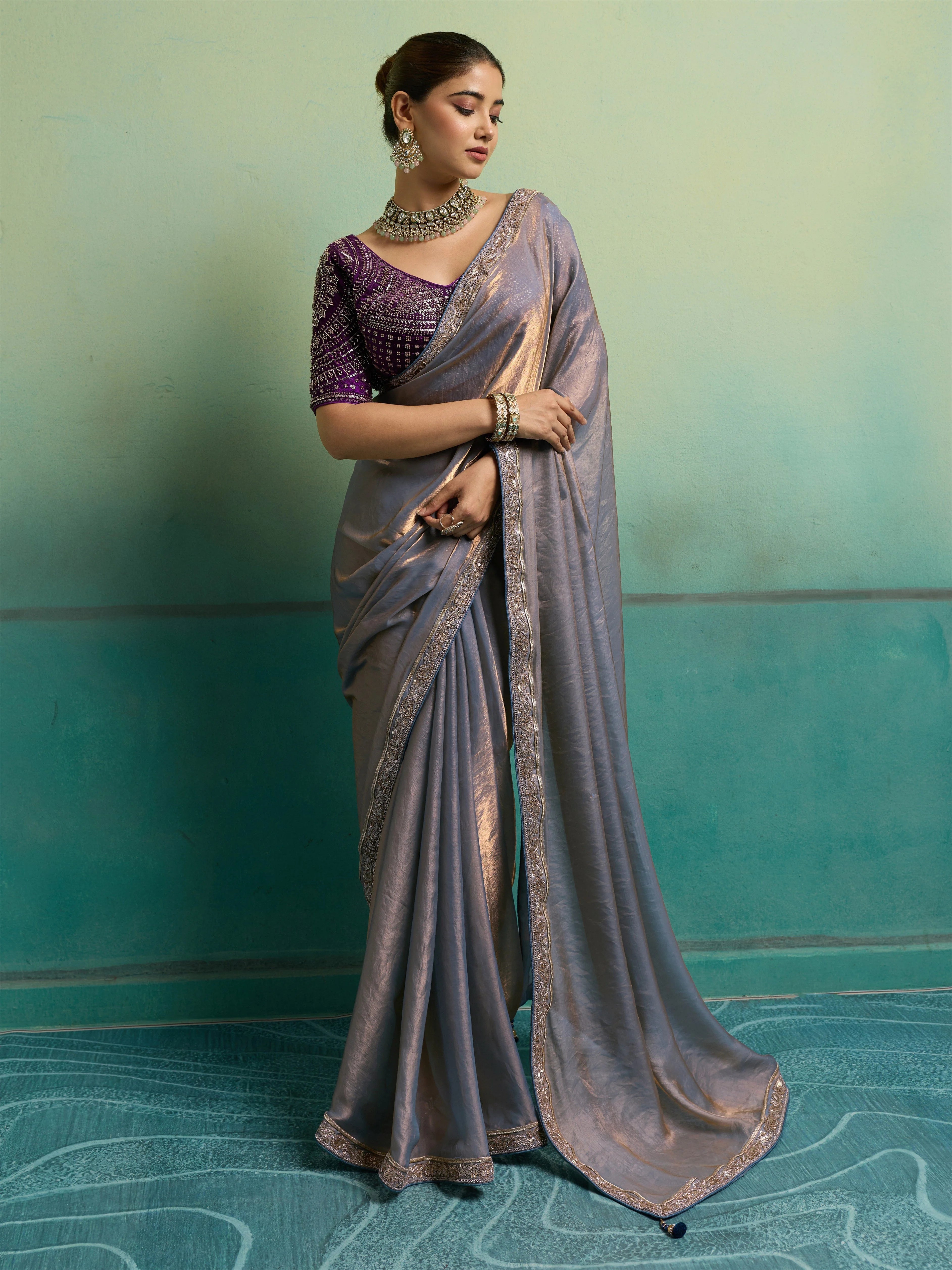 Velvet Satin Party Wear Lavender With Lace Work