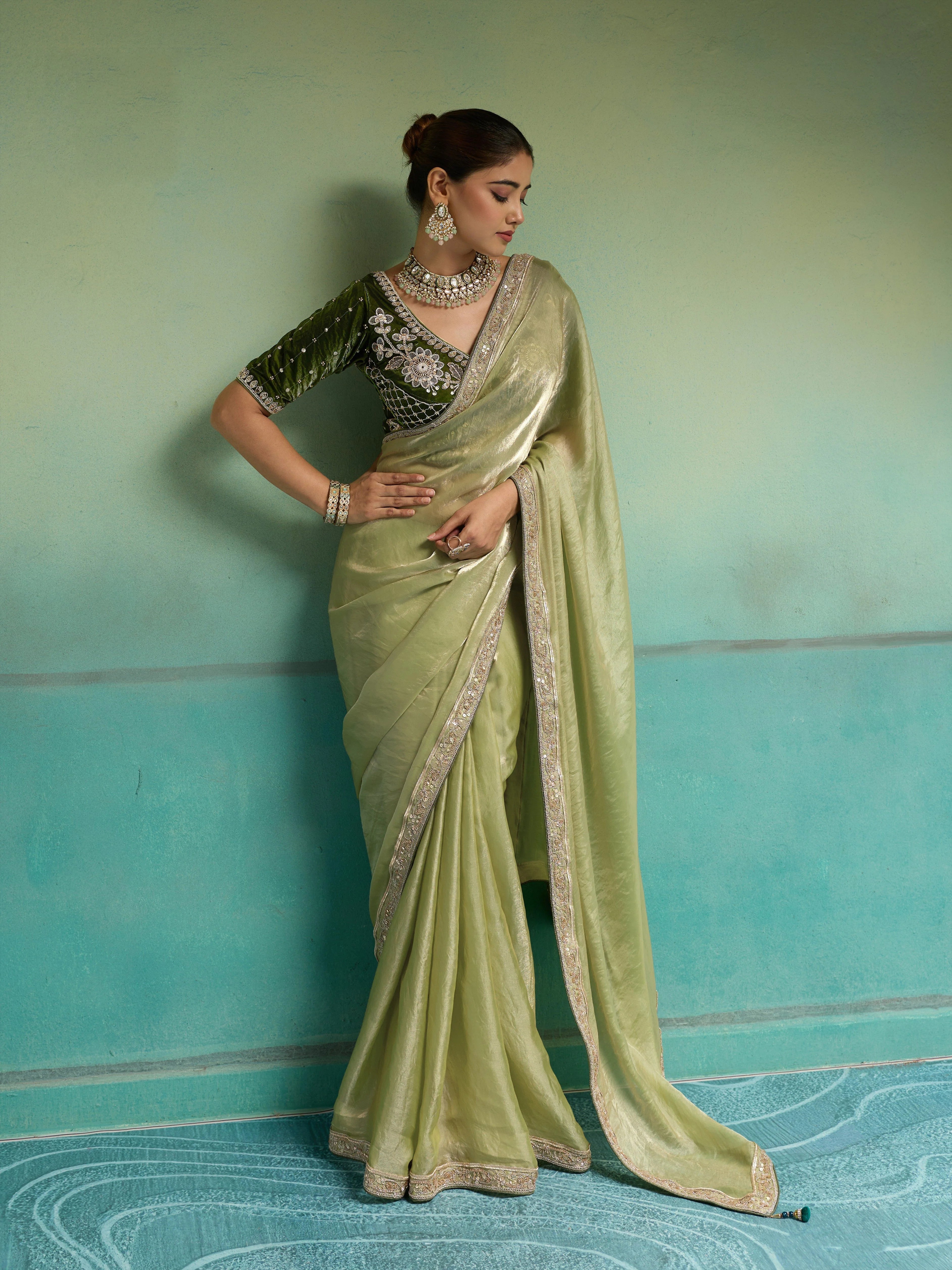 Velvet Satin Party Wear Parrot With Lace Work