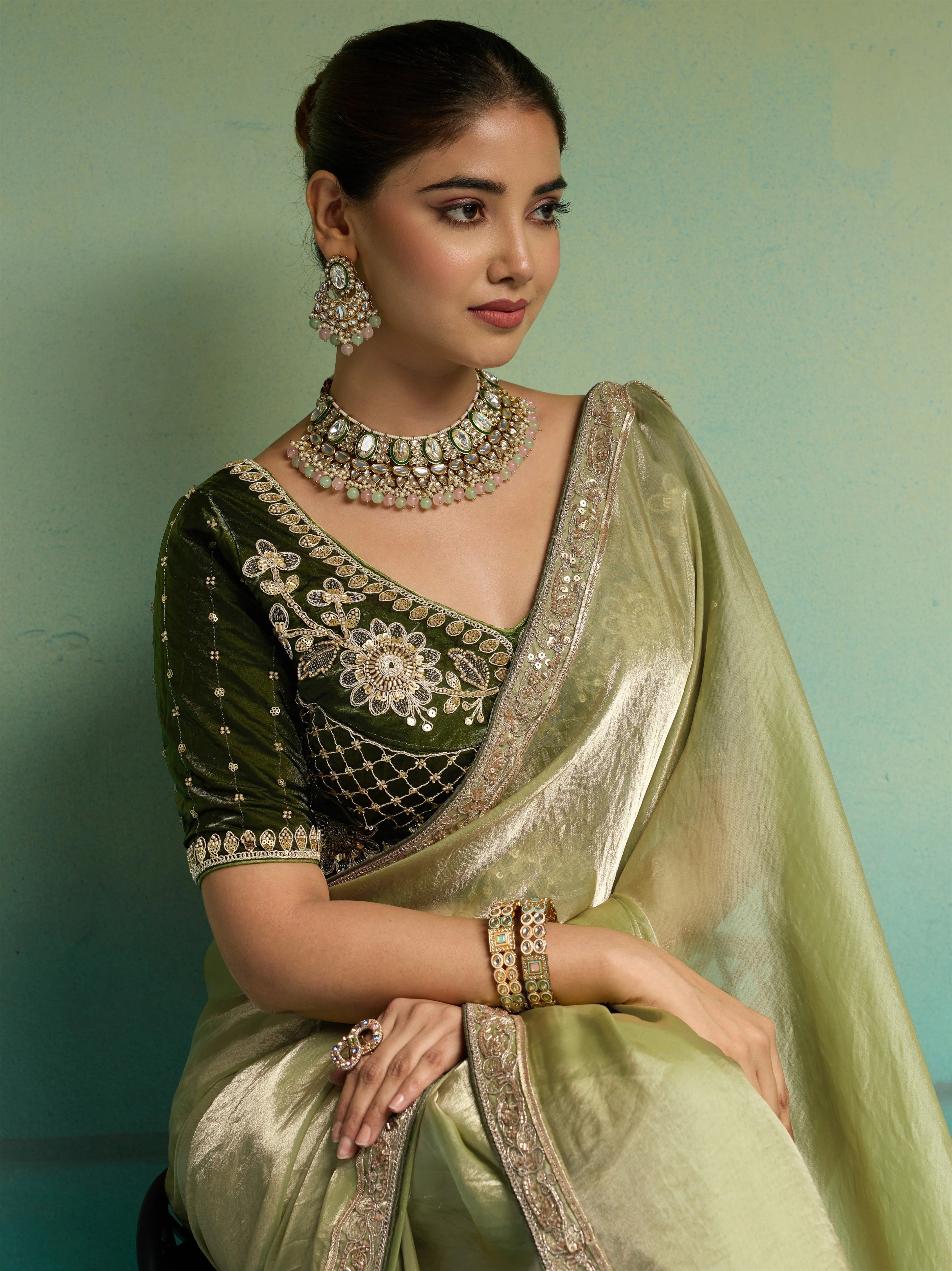 Velvet Satin Party Wear Parrot With Lace Work
