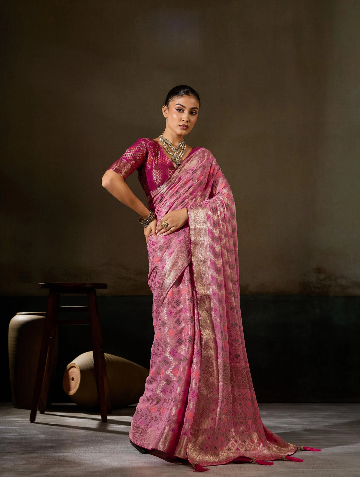 Khaddi Georgette Pink Festival Wear Woven Sarees