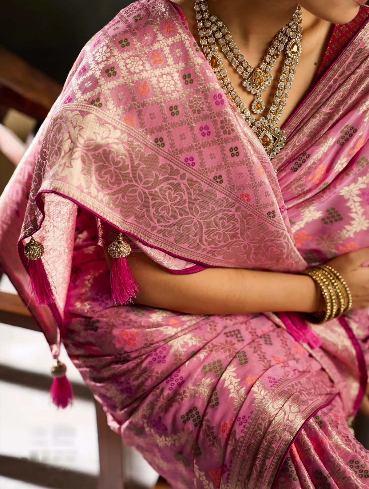 Khaddi Georgette Pink Festival Wear Woven Sarees