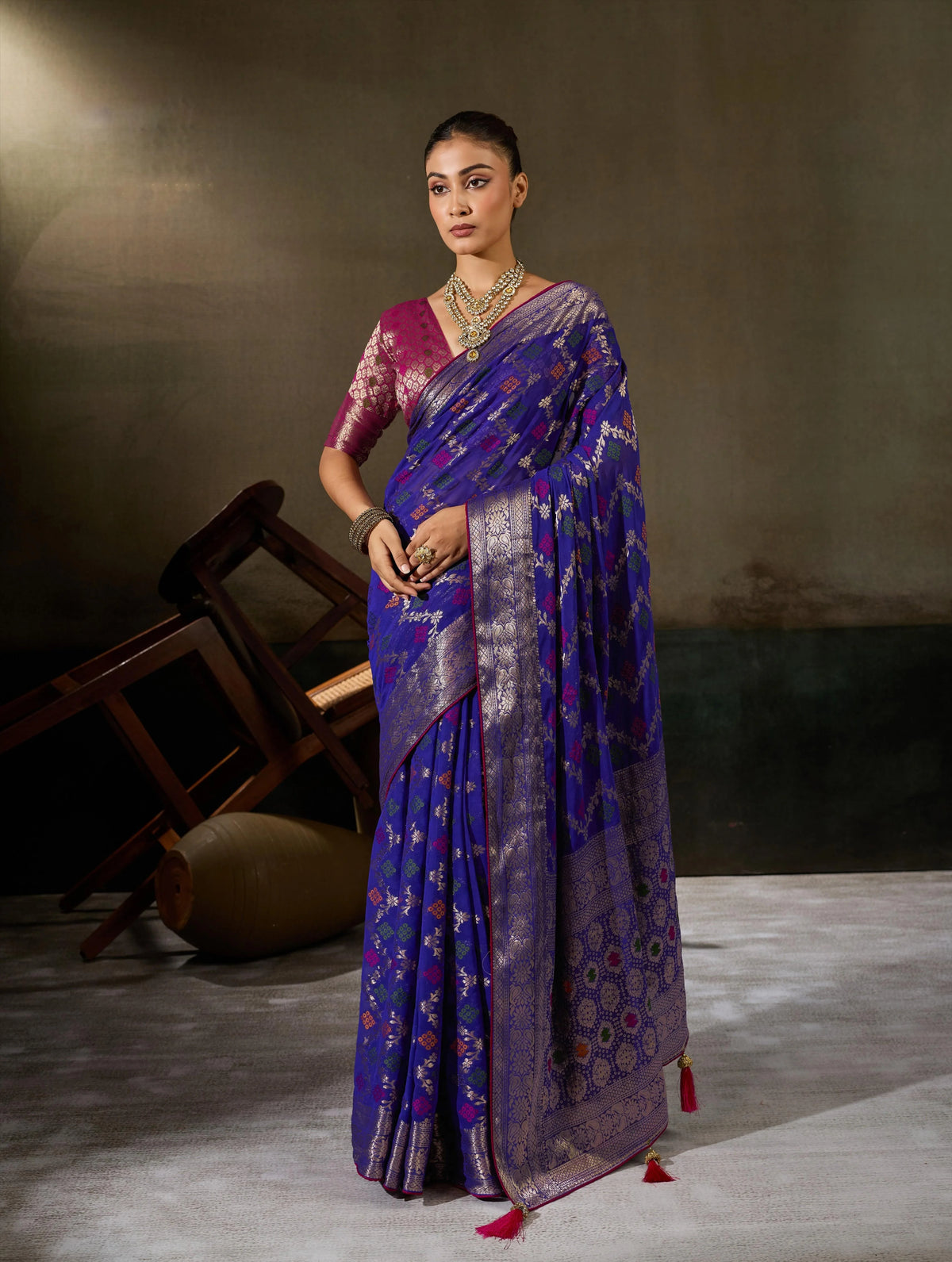 Khaddi Georgette Navy Blue Festival Wear Woven Sarees