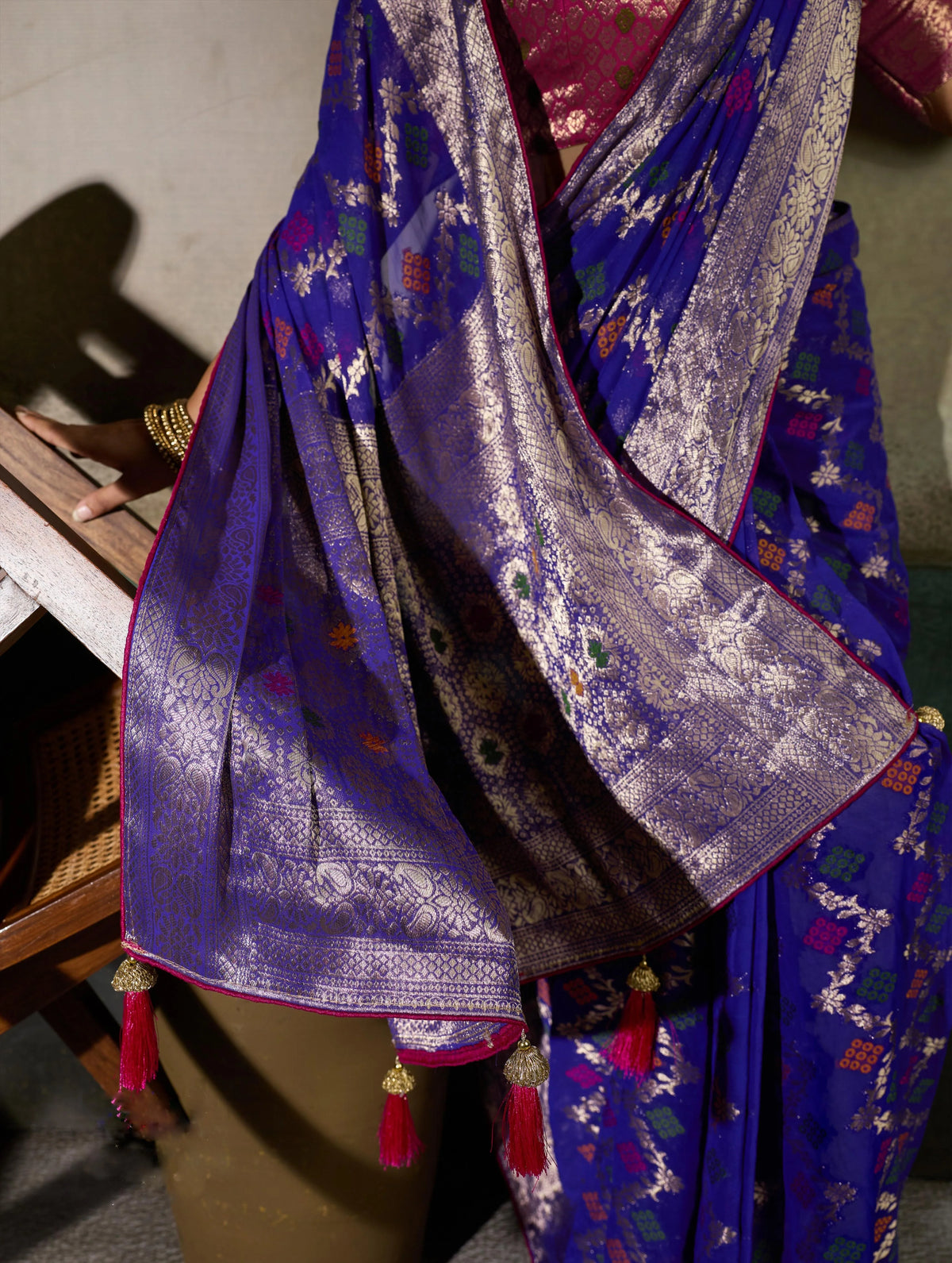 Khaddi Georgette Navy Blue Festival Wear Woven Sarees