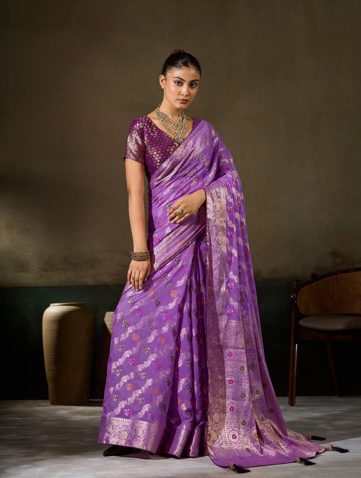 Khaddi Georgette Purple Festival Wear Woven Sarees