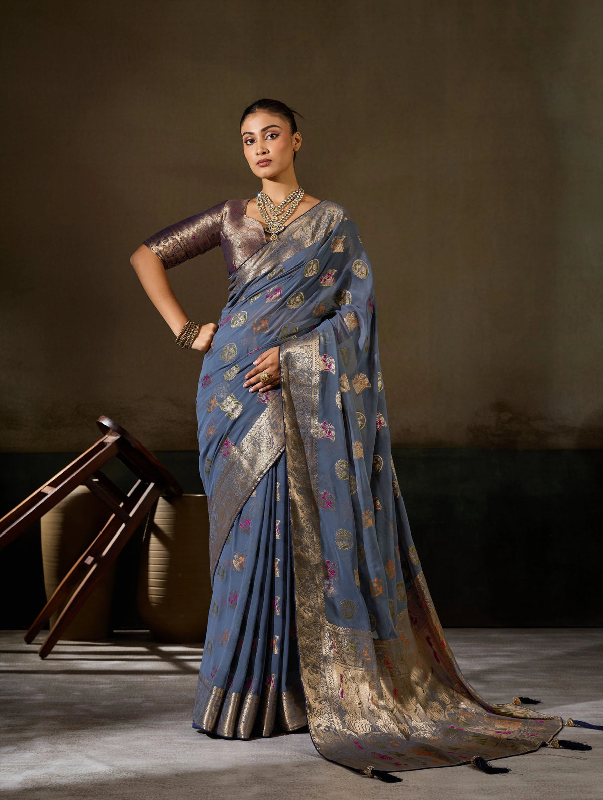 Khaddi Georgette Grey Festival Wear Woven Sarees