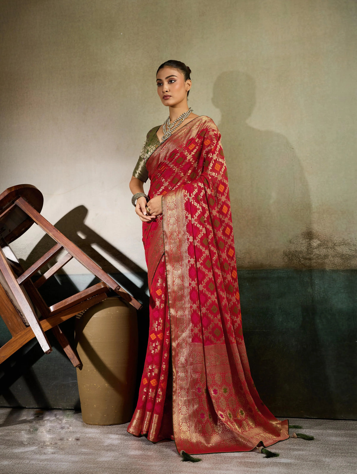 Khaddi Georgette Red Festival Wear Woven Sarees