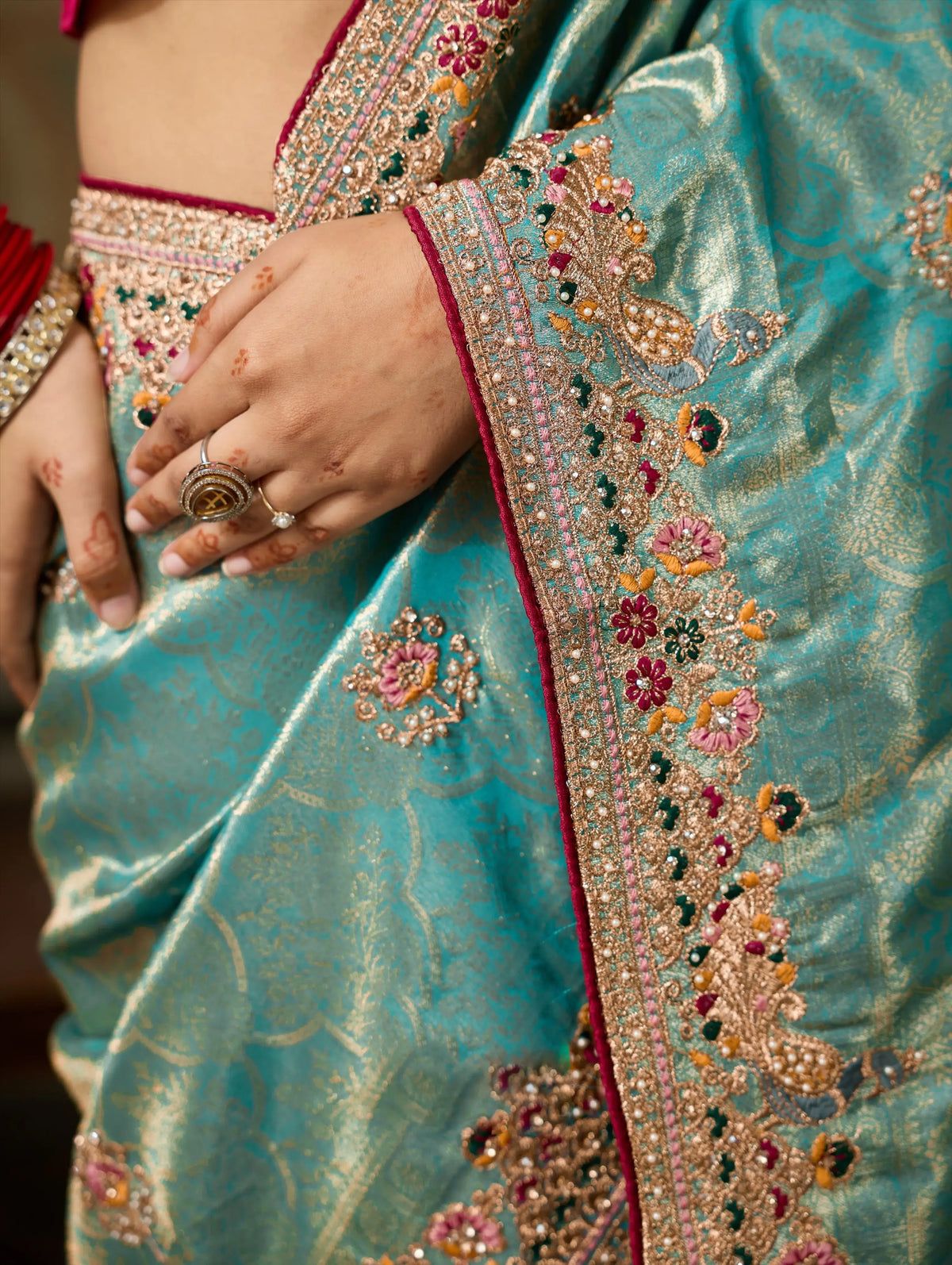 Banarasi Silk Jacquard Blue Party Wear Embroidery Sarees