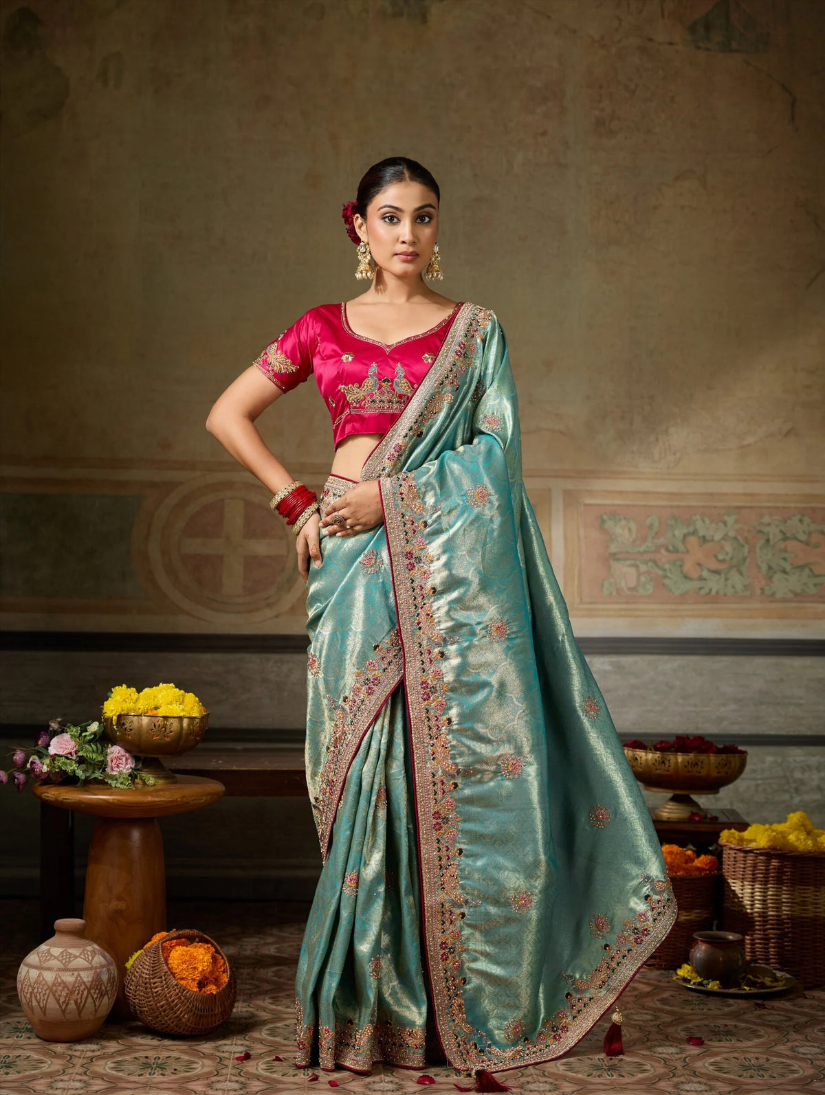 Banarasi Silk Jacquard Blue Party Wear Embroidery Sarees