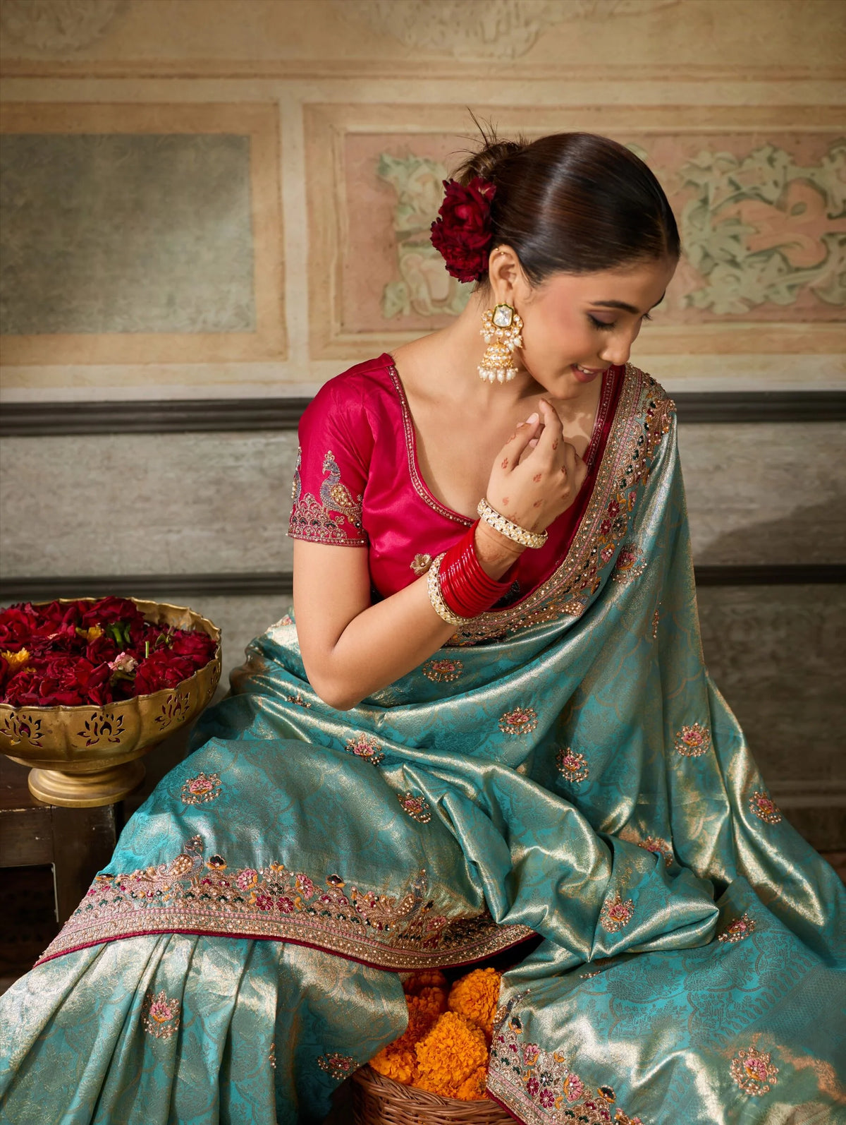Banarasi Silk Jacquard Blue Party Wear Embroidery Sarees