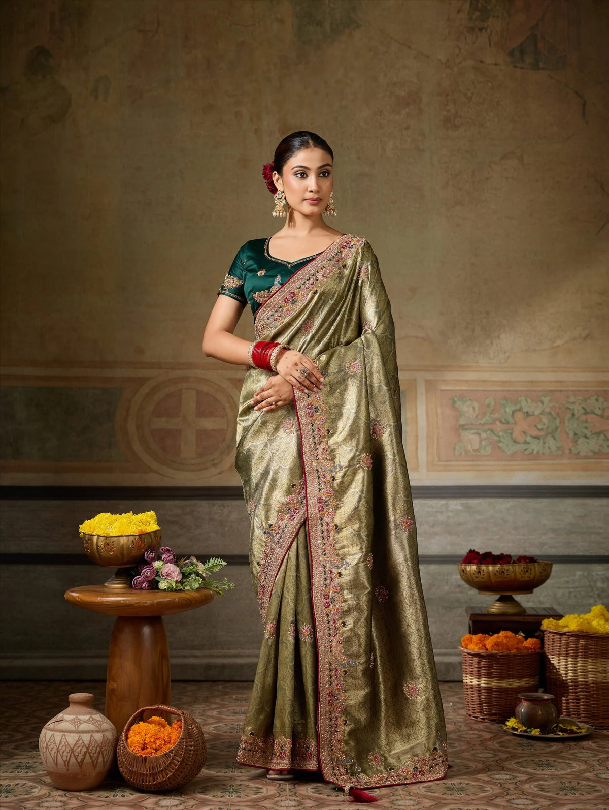 Banarasi Silk Jacquard Green Party Wear Embroidery Sarees