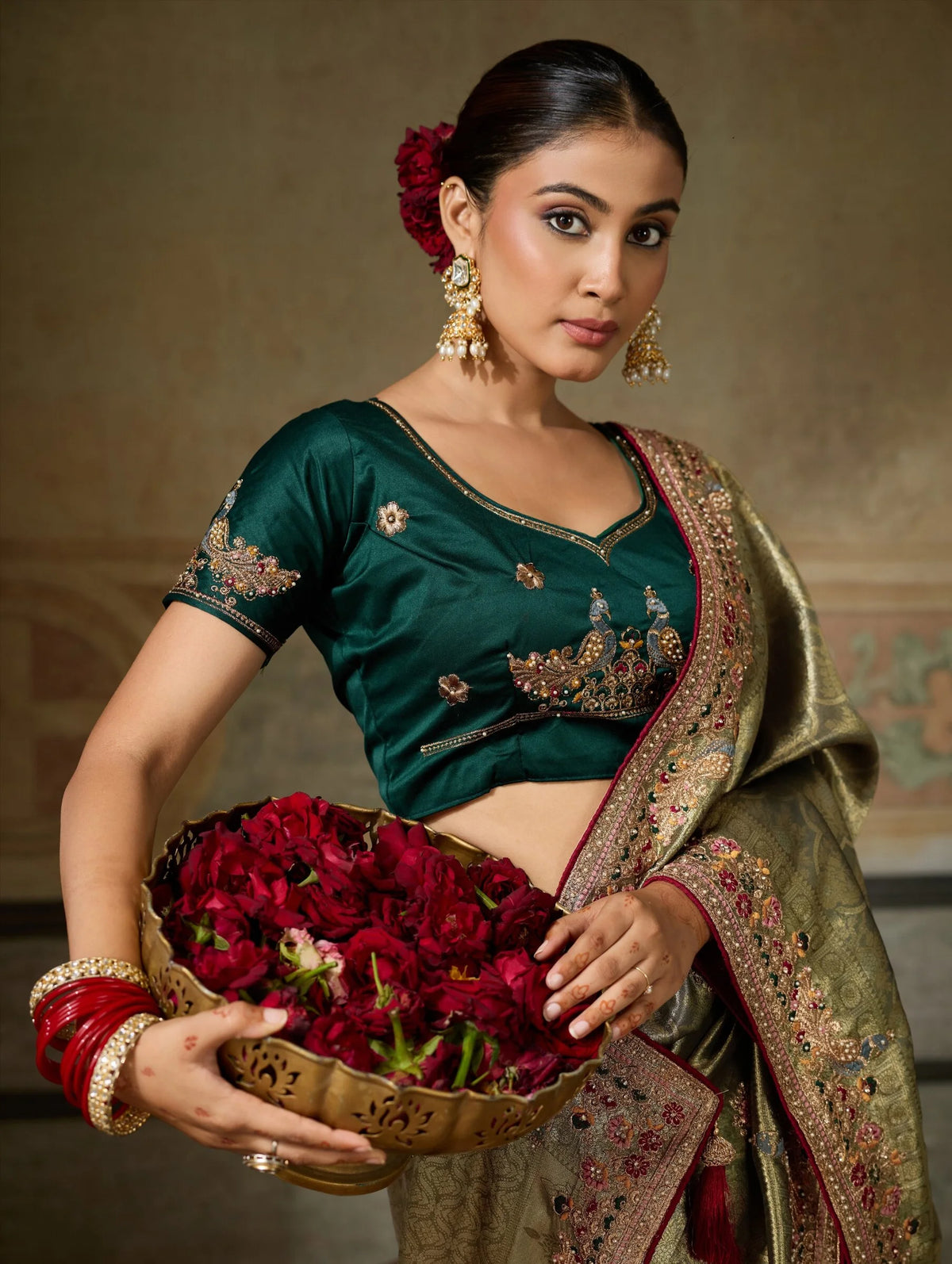 Banarasi Silk Jacquard Green Party Wear Embroidery Sarees