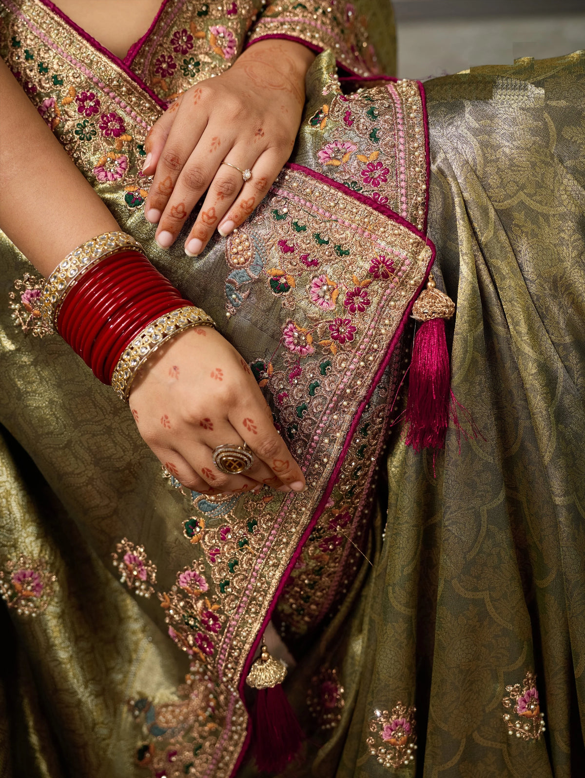 Banarasi Silk Jacquard Green Party Wear Embroidery Sarees
