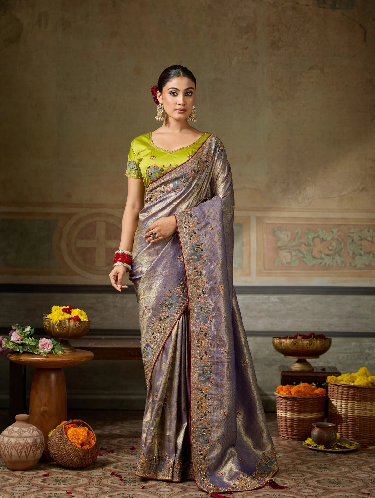Banarasi Silk Jacquard Purple Party Wear Embroidery Sarees