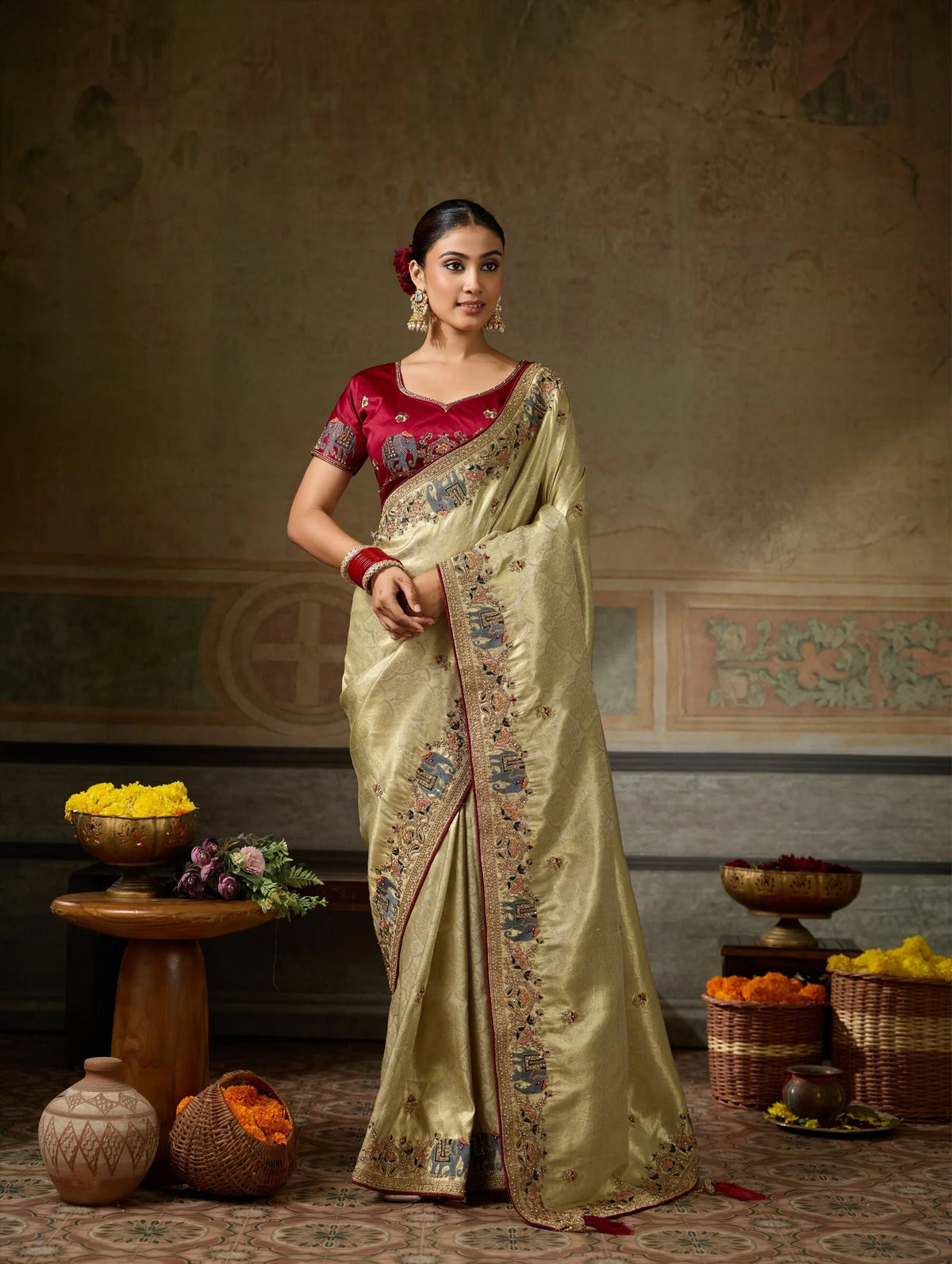 Banarasi Silk Jacquard Beige Party Wear Embroidery Sarees