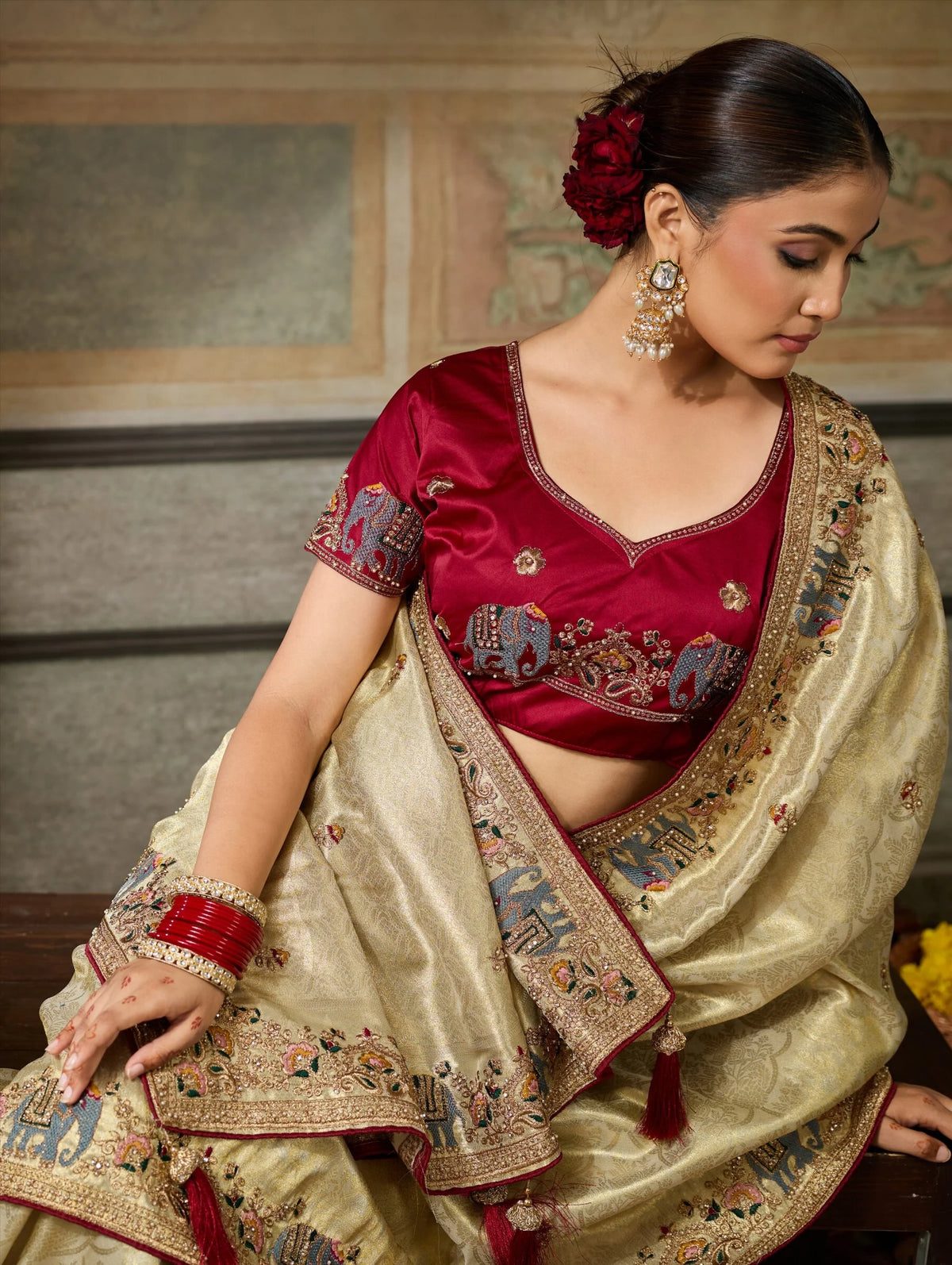 Banarasi Silk Jacquard Beige Party Wear Embroidery Sarees