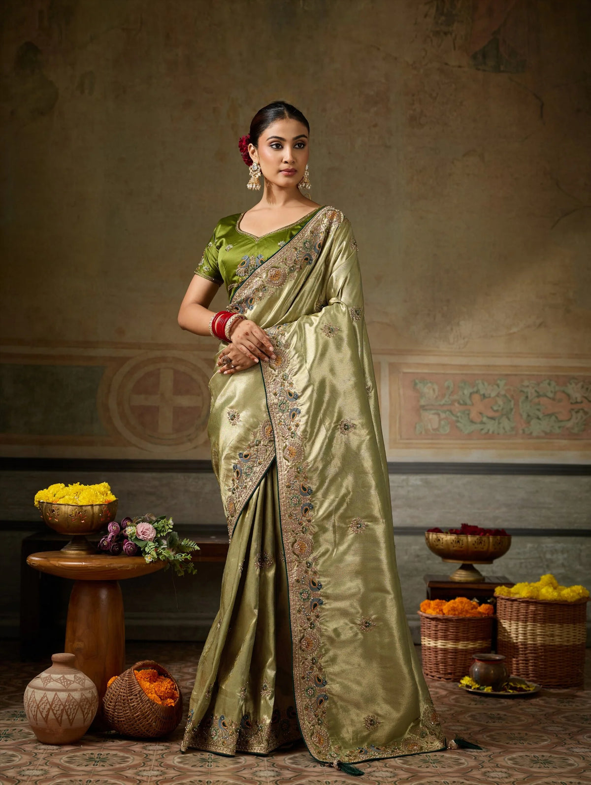 Banarasi Silk Jacquard Olive Party Wear Embroidery Sarees