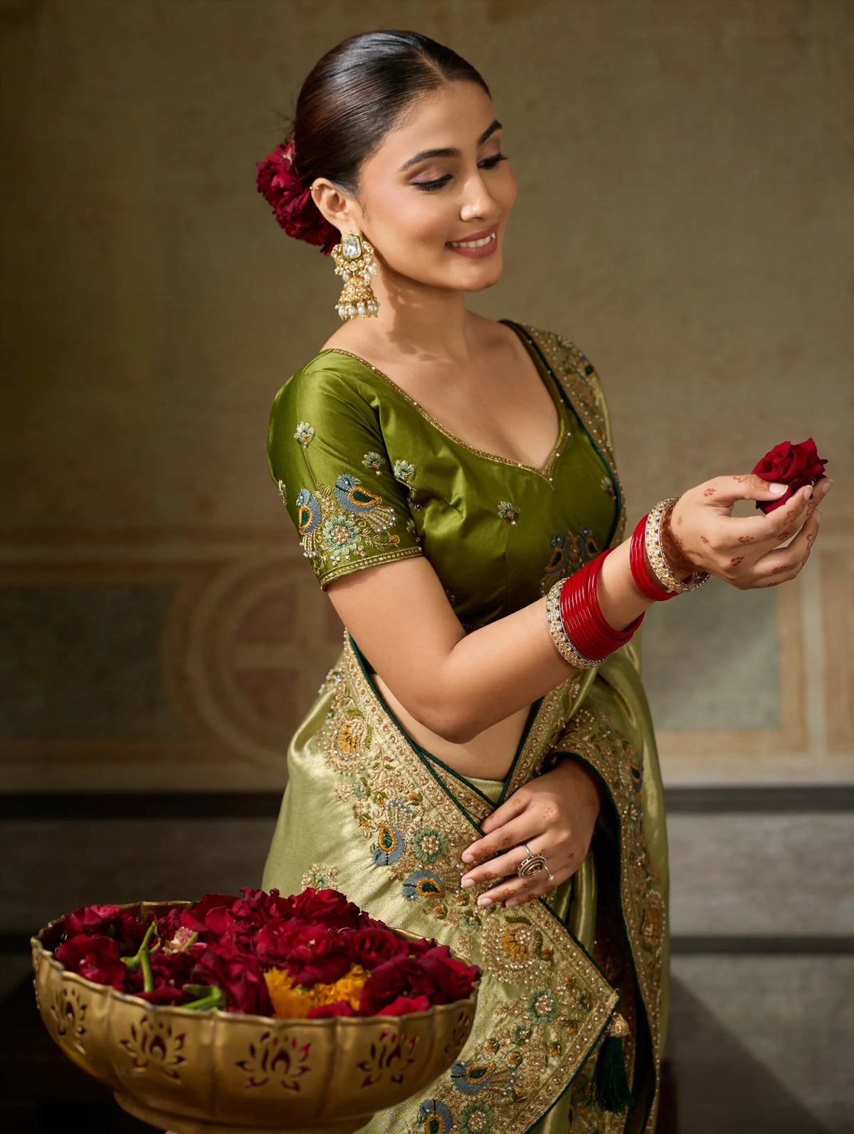 Banarasi Silk Jacquard Olive Party Wear Embroidery Sarees