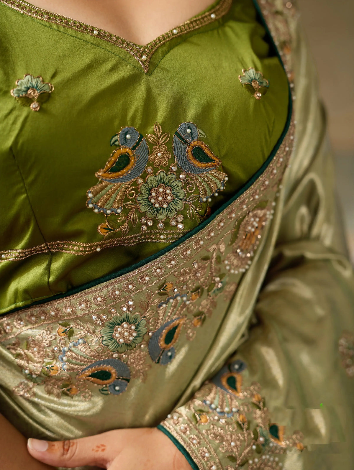 Banarasi Silk Jacquard Olive Party Wear Embroidery Sarees